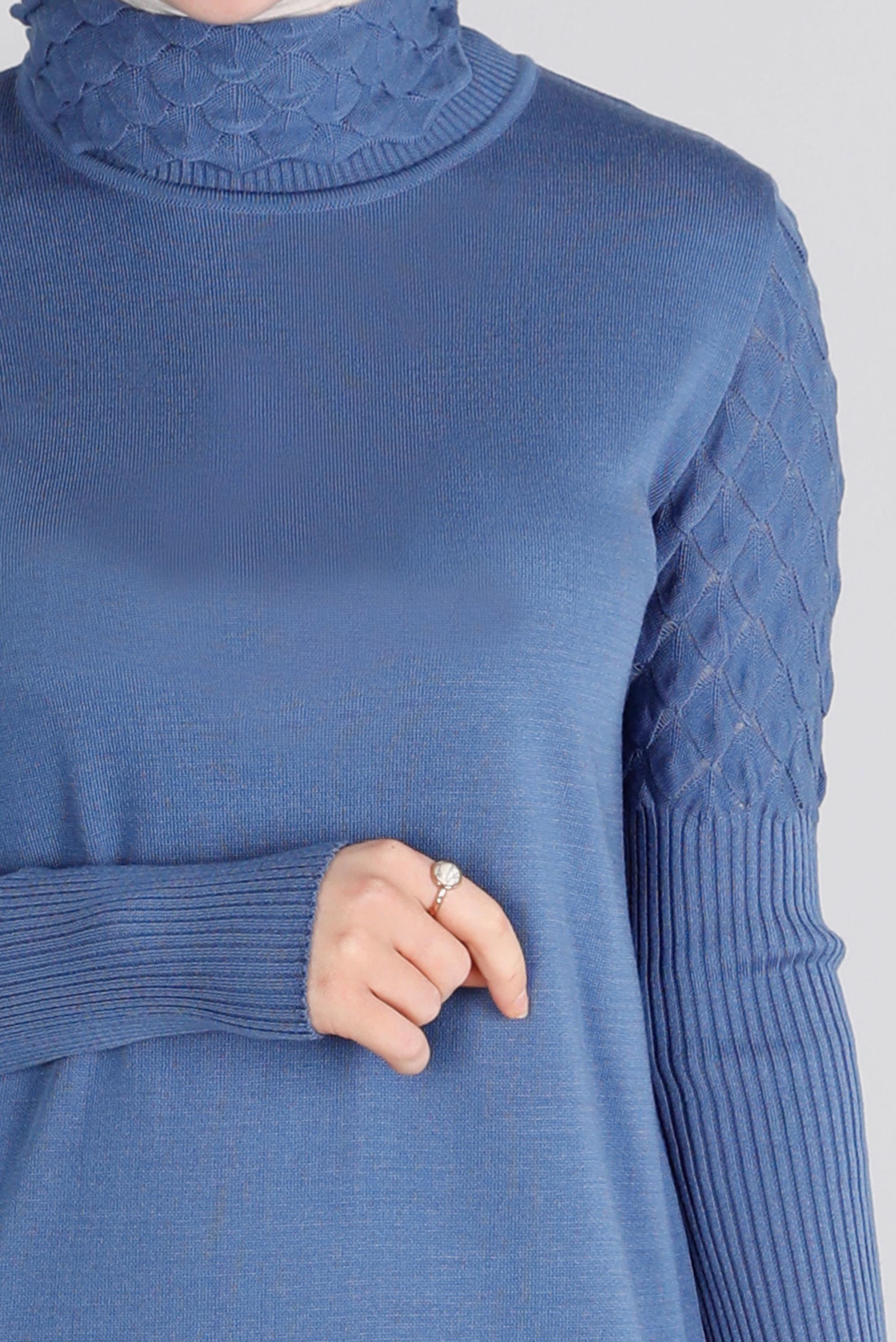 Tesettür giyim MAVİ BOĞAZLI BASIC TRİKO ELBİSE 43131