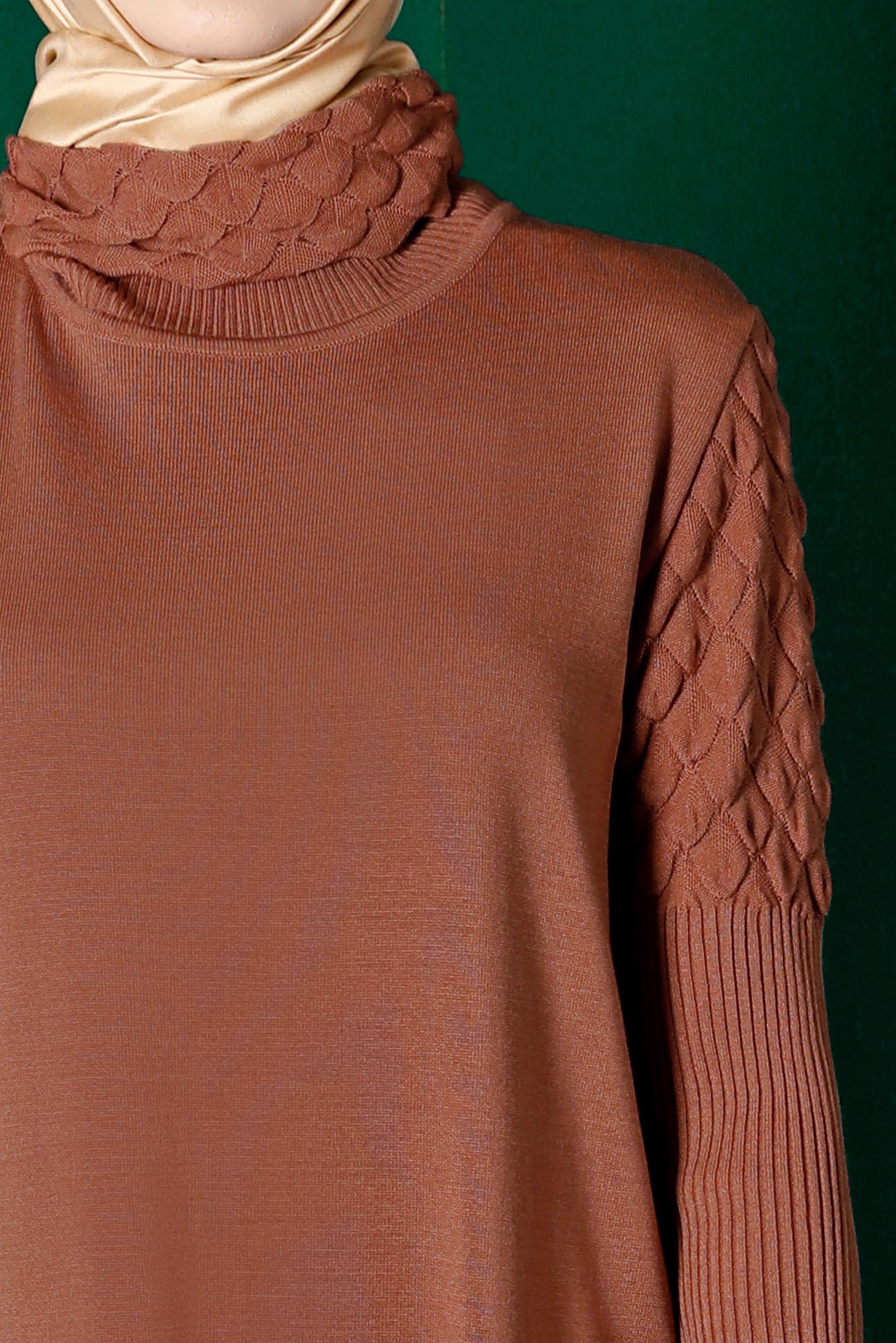 Tesettür giyim KAHVE BOĞAZLI BASIC TRİKO ELBİSE 43131