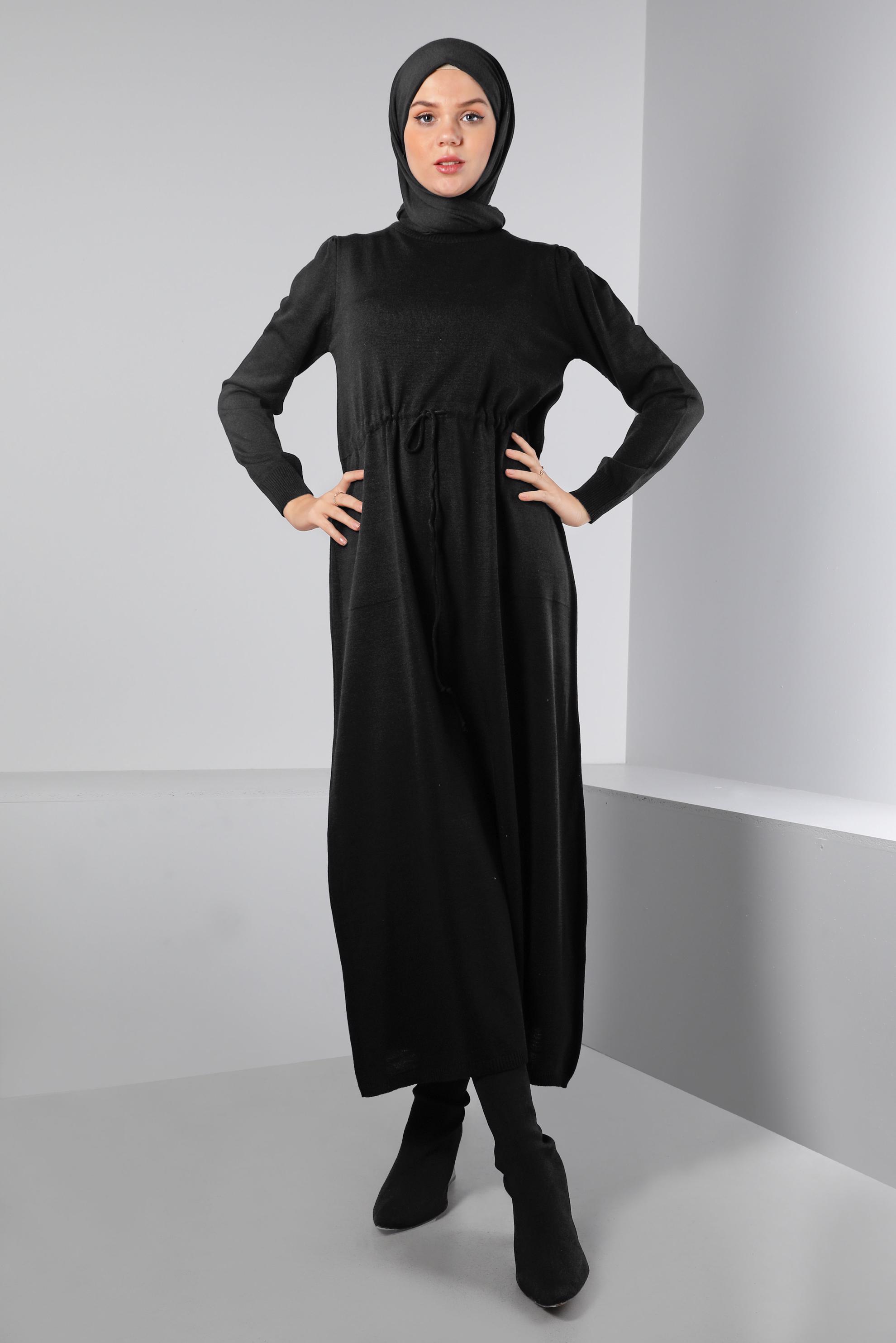 Tesettür giyim SİYAH BELİ BÜZGÜLÜ TRİKO ELBİSE 43196 