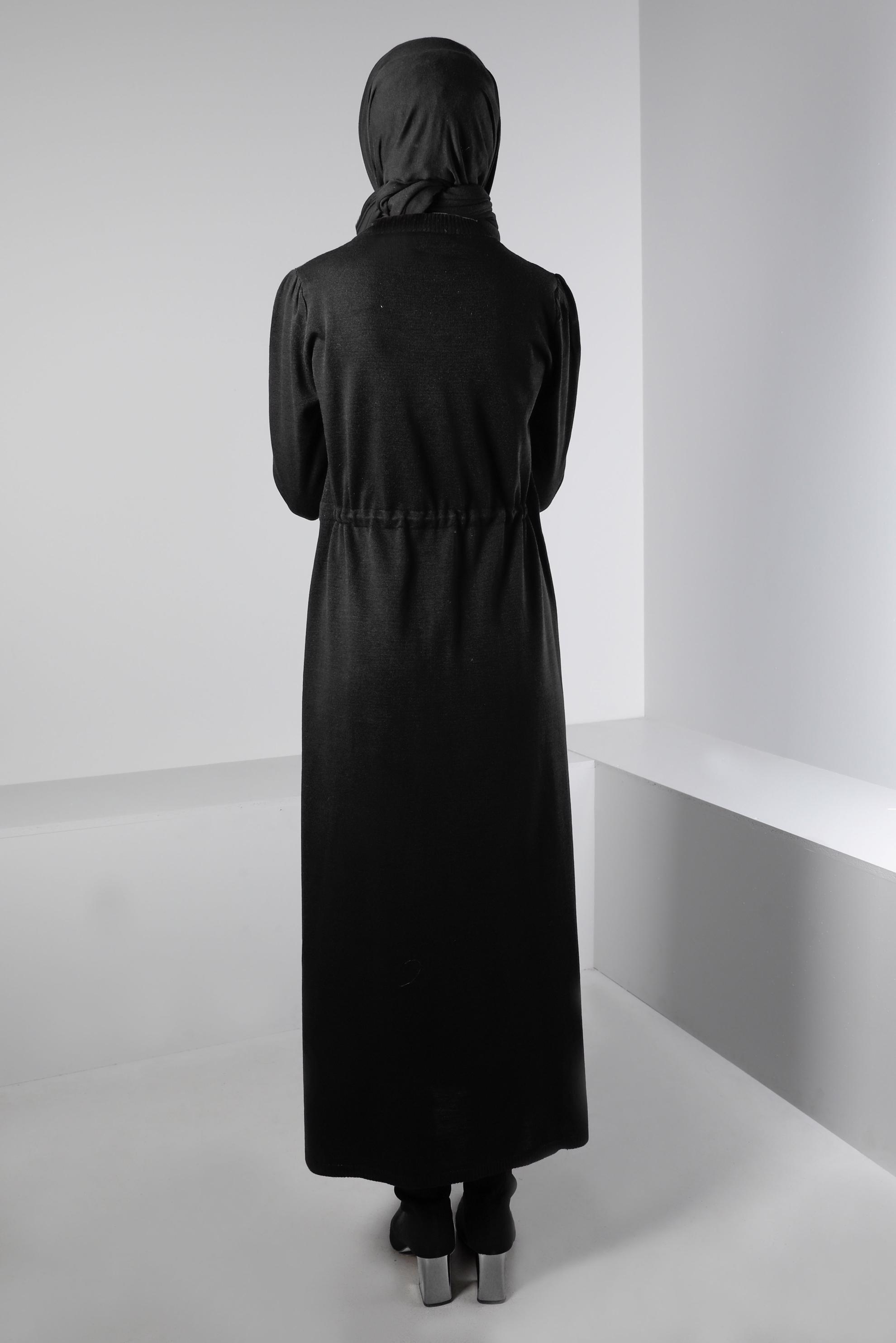 Tesettür giyim SİYAH BELİ BÜZGÜLÜ TRİKO ELBİSE 43196 