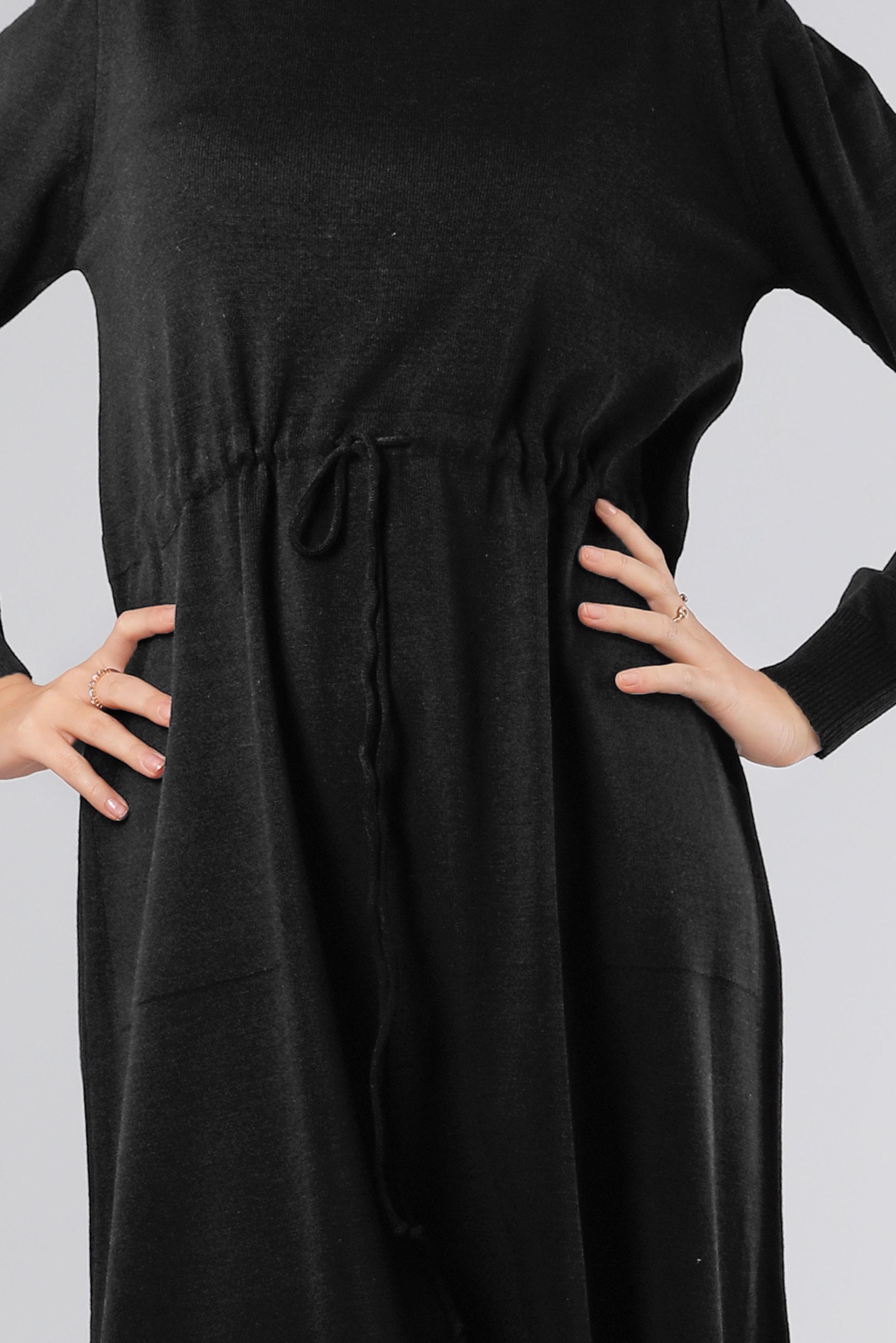 Tesettür giyim SİYAH BELİ BÜZGÜLÜ TRİKO ELBİSE 43196 