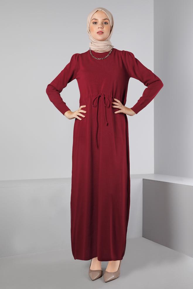 Tesettür giyim BORDO BELİ BÜZGÜLÜ TRİKO ELBİSE 43196  - ALVİNA