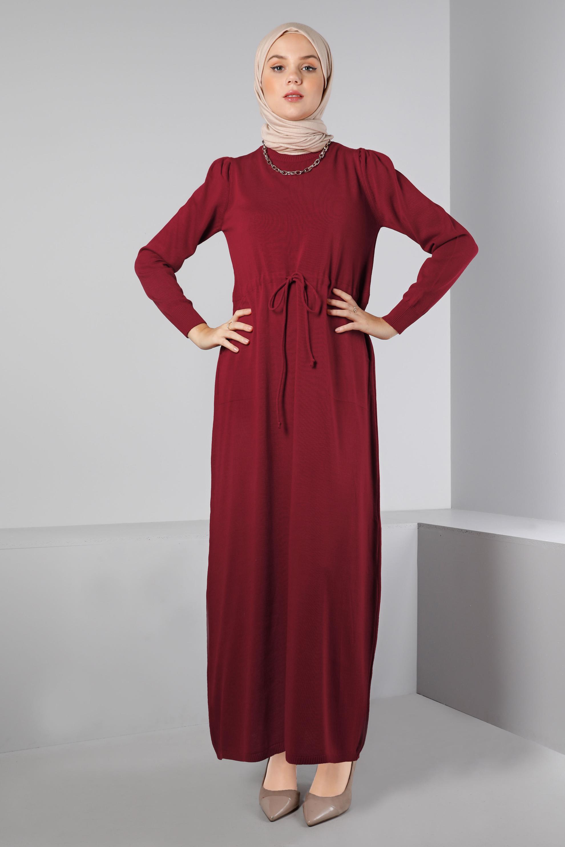 Tesettür giyim BORDO BELİ BÜZGÜLÜ TRİKO ELBİSE 43196 