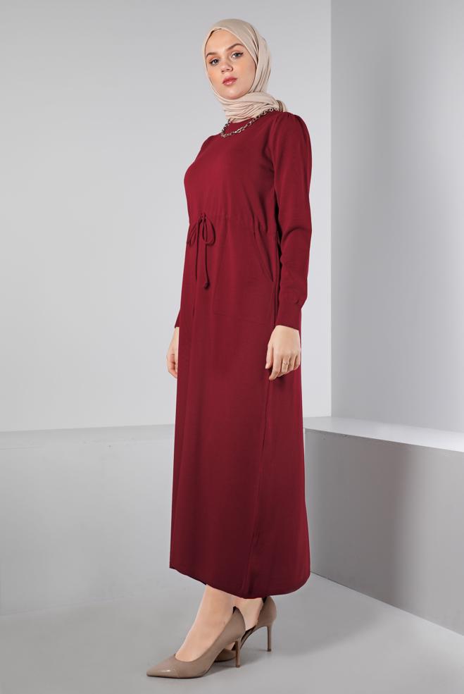 Tesettür giyim BORDO BELİ BÜZGÜLÜ TRİKO ELBİSE 43196  - ALVİNA