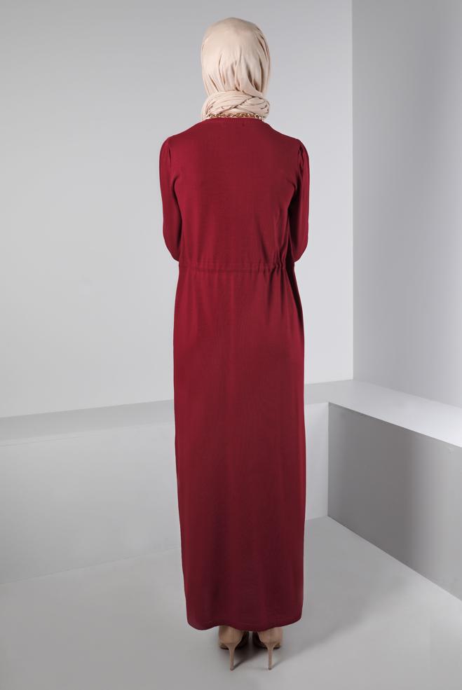 Tesettür giyim BORDO BELİ BÜZGÜLÜ TRİKO ELBİSE 43196  - ALVİNA