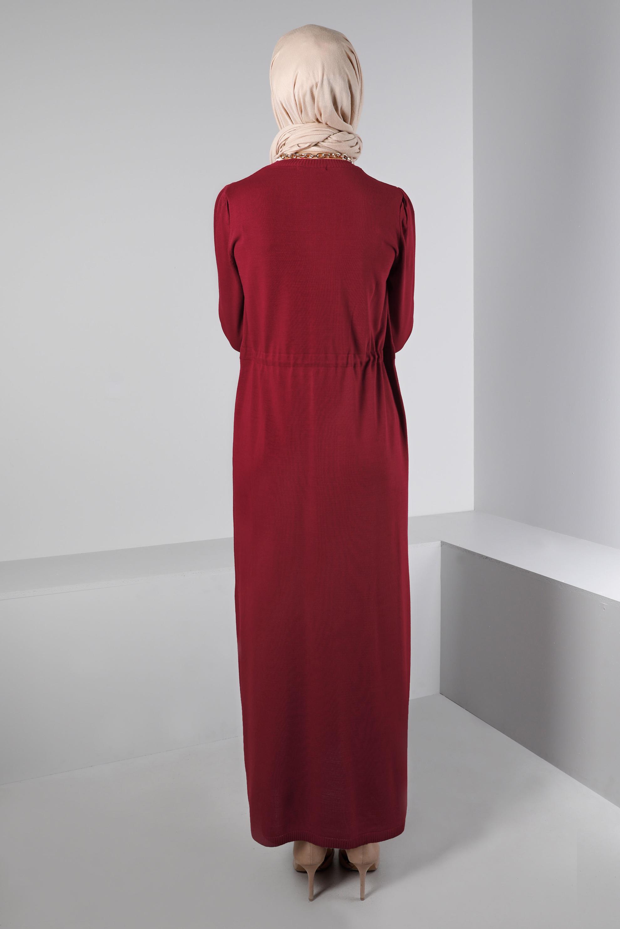 Tesettür giyim BORDO BELİ BÜZGÜLÜ TRİKO ELBİSE 43196 