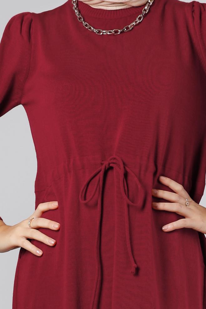 Tesettür giyim BORDO BELİ BÜZGÜLÜ TRİKO ELBİSE 43196  - ALVİNA