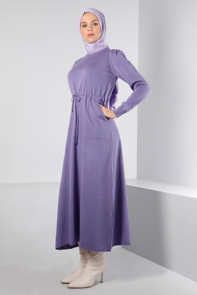 Tesettür giyim MOR BELİ BÜZGÜLÜ TRİKO ELBİSE 43196  - ALVİNA