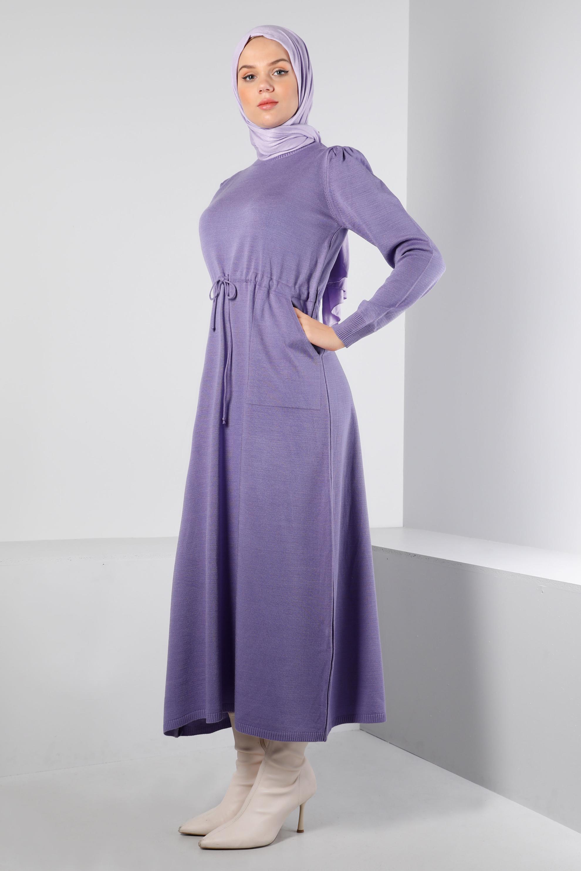 Tesettür giyim MOR BELİ BÜZGÜLÜ TRİKO ELBİSE 43196 