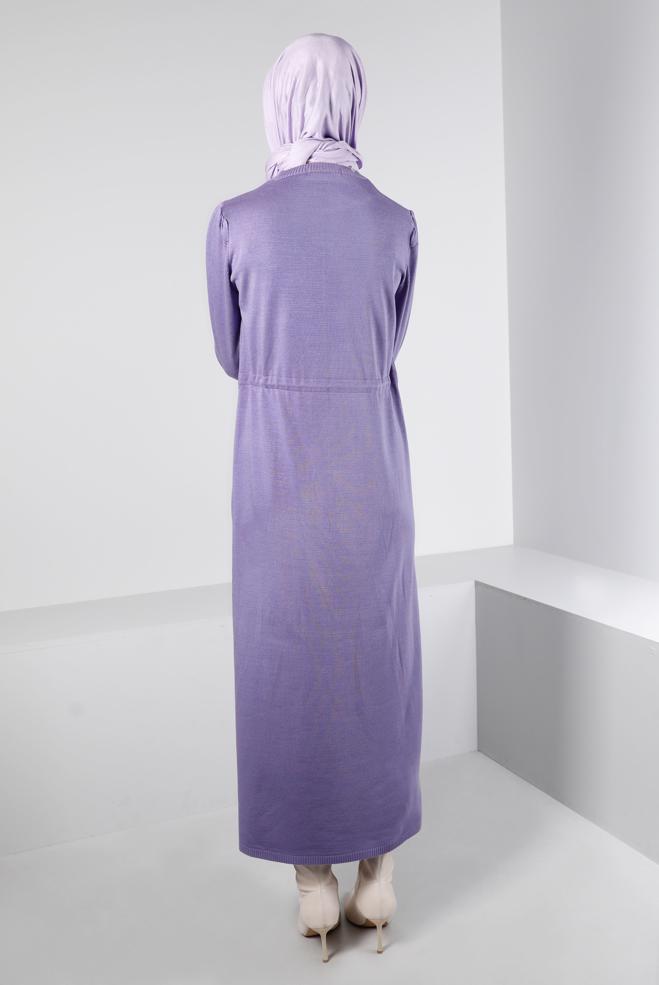 Tesettür giyim MOR BELİ BÜZGÜLÜ TRİKO ELBİSE 43196  - ALVİNA