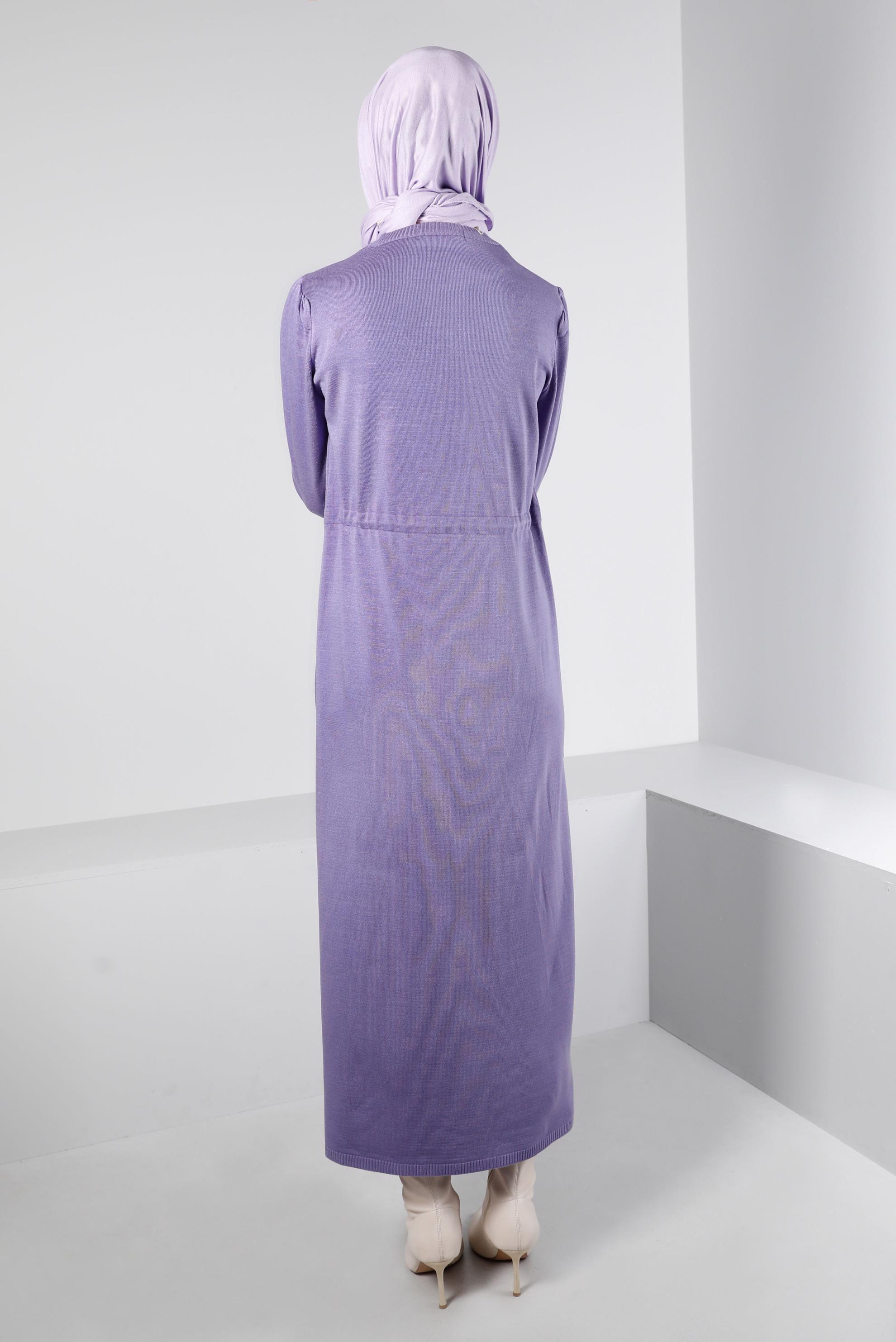 Tesettür giyim MOR BELİ BÜZGÜLÜ TRİKO ELBİSE 43196 