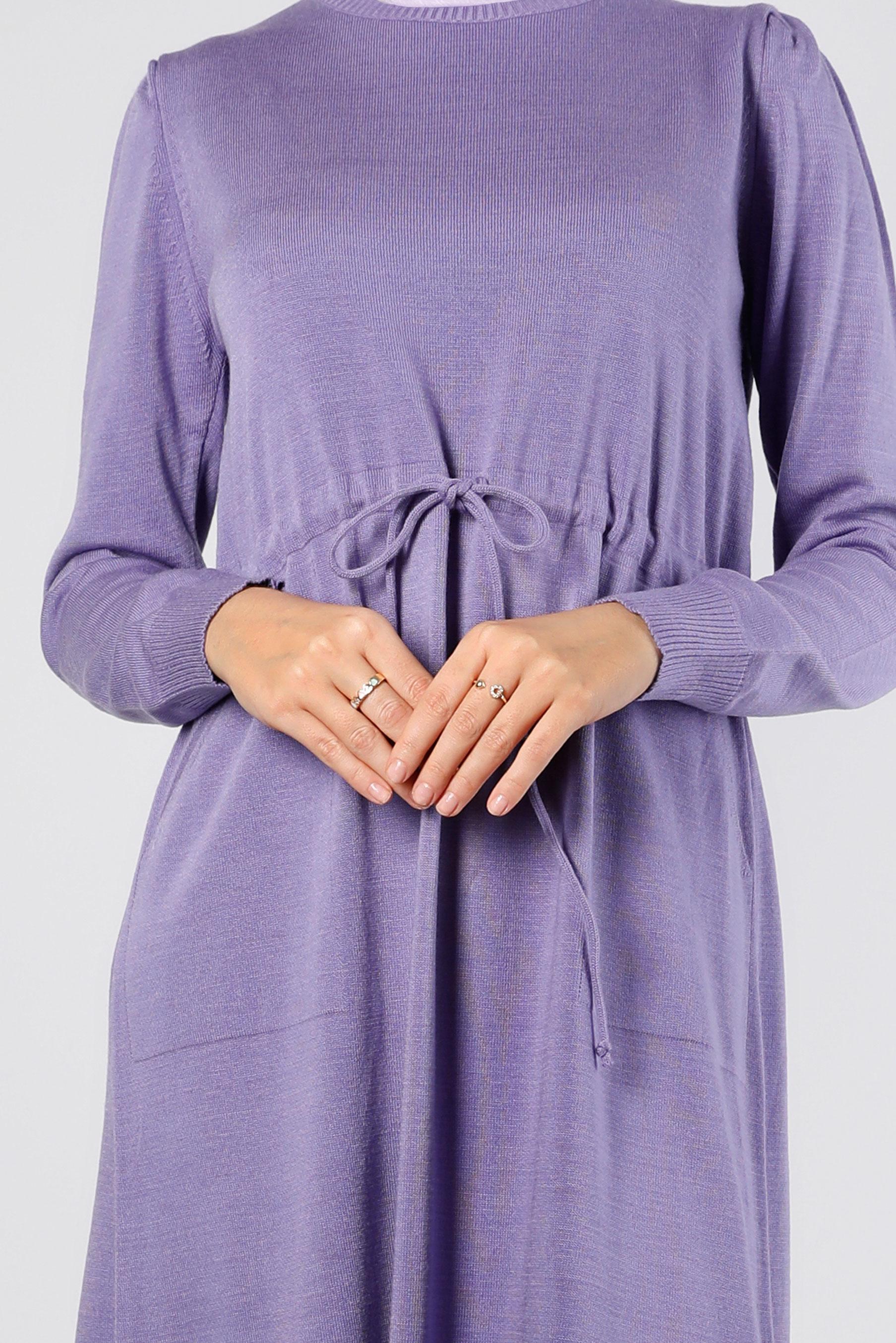 Tesettür giyim MOR BELİ BÜZGÜLÜ TRİKO ELBİSE 43196 