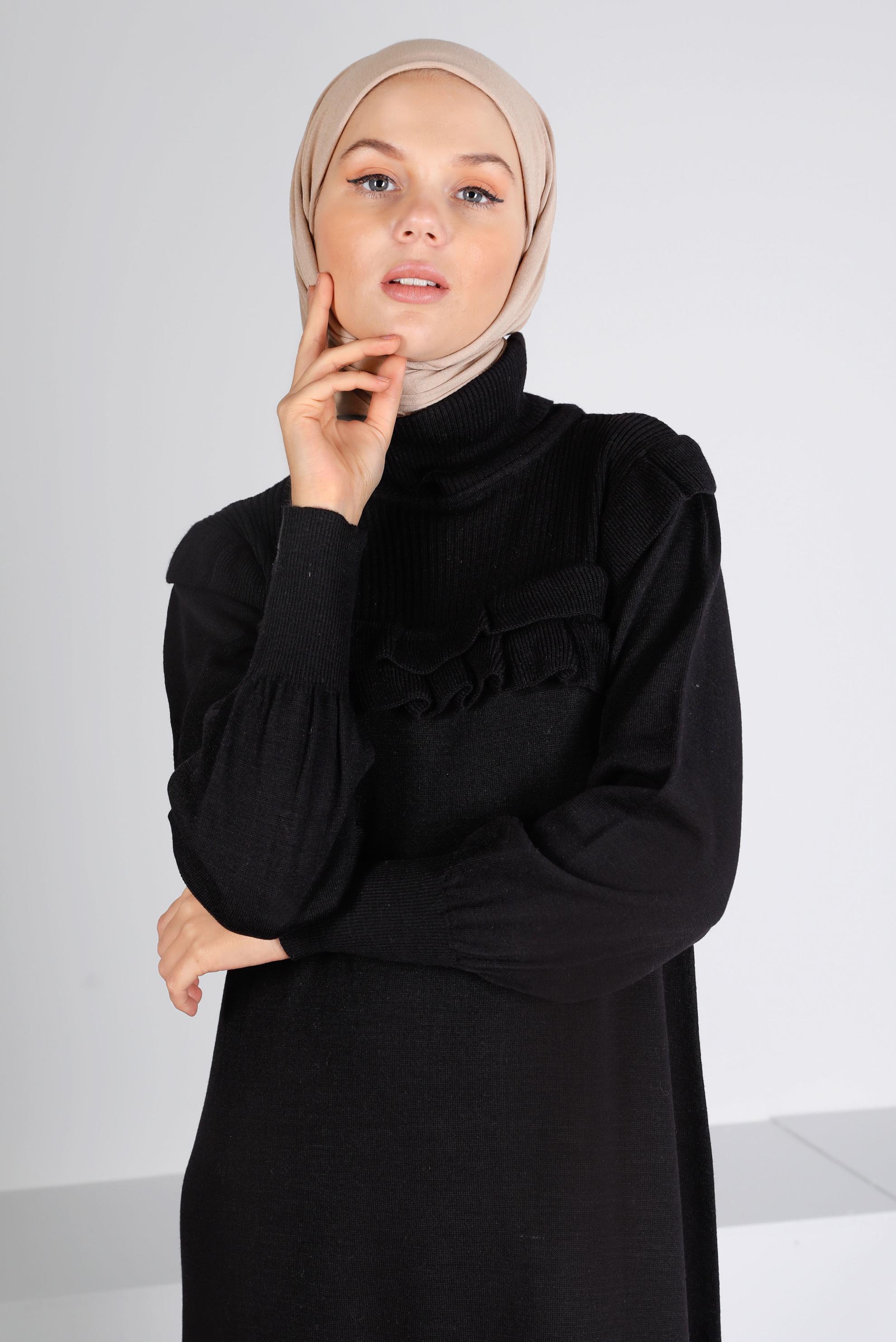 Tesettür giyim SİYAH FIRFIRLI TRİKO ELBİSE 43198