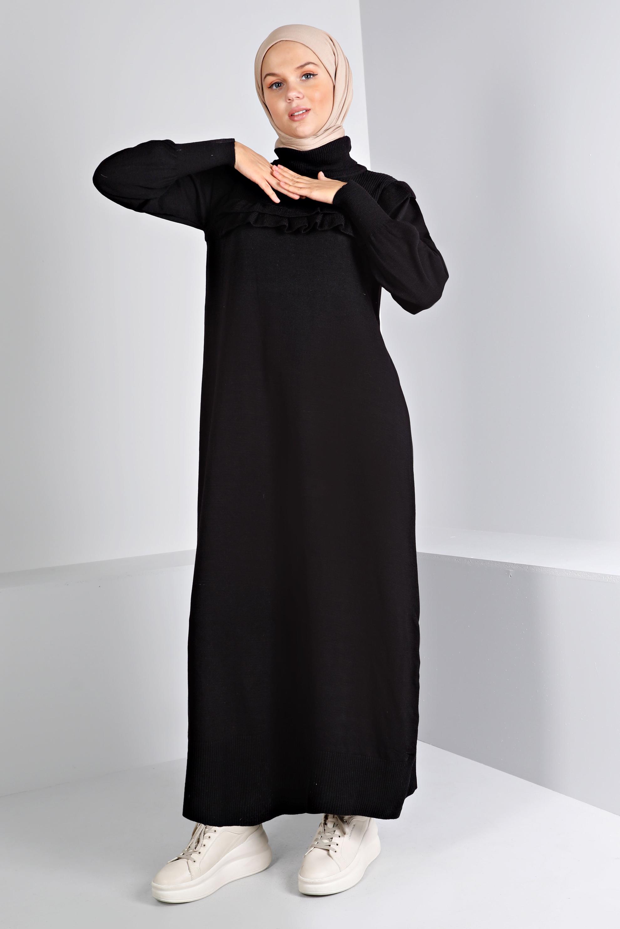 Tesettür giyim SİYAH FIRFIRLI TRİKO ELBİSE 43198