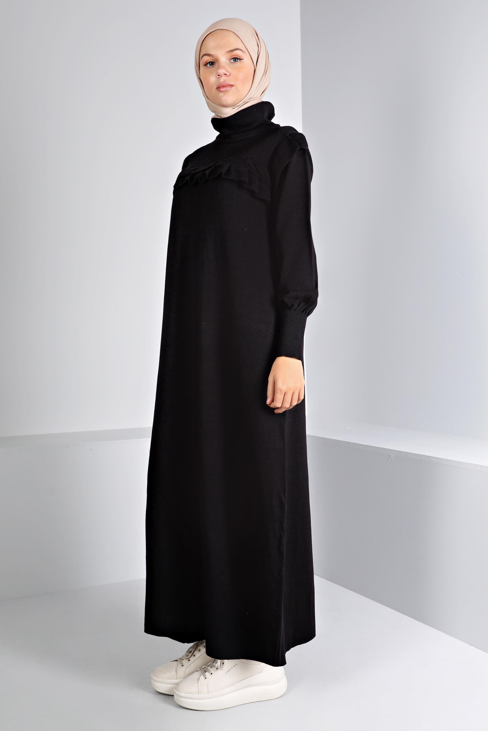 Tesettür giyim SİYAH FIRFIRLI TRİKO ELBİSE 43198