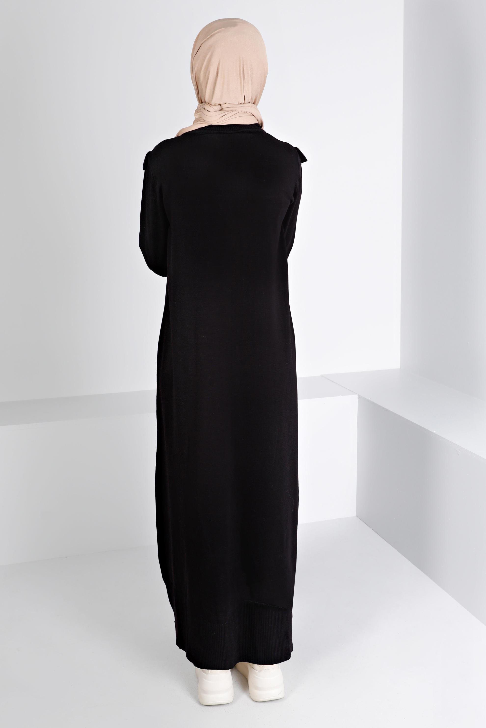 Tesettür giyim SİYAH FIRFIRLI TRİKO ELBİSE 43198