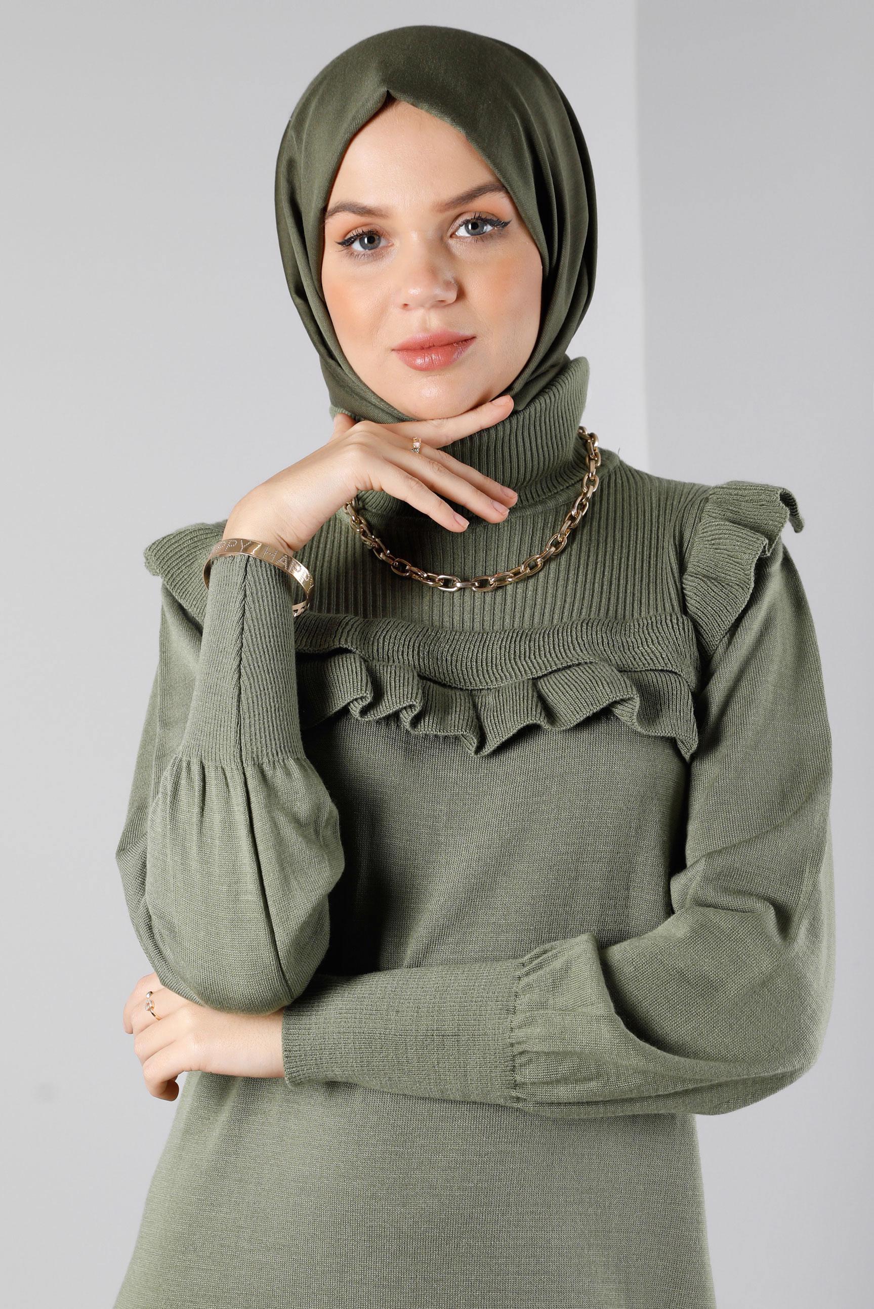 Tesettür giyim HAKİ FIRFIRLI TRİKO ELBİSE 43198