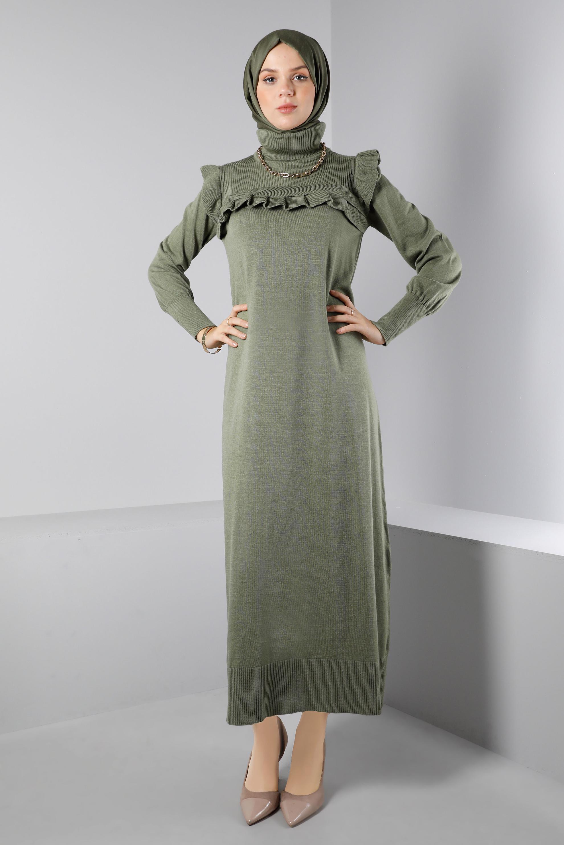 Tesettür giyim HAKİ FIRFIRLI TRİKO ELBİSE 43198