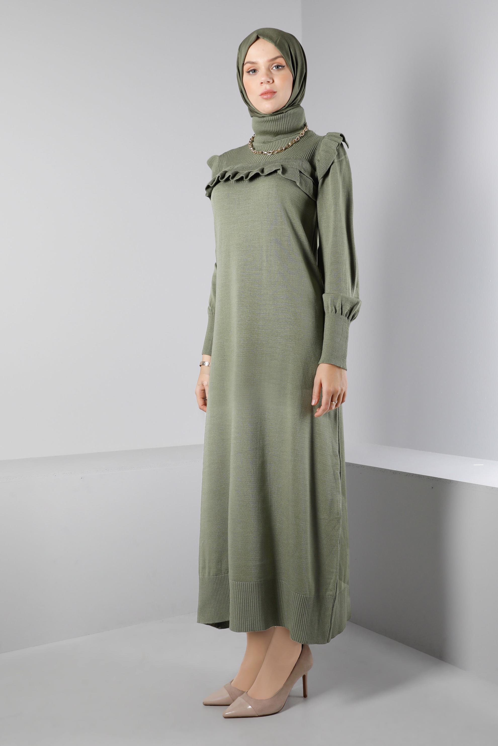 Tesettür giyim HAKİ FIRFIRLI TRİKO ELBİSE 43198