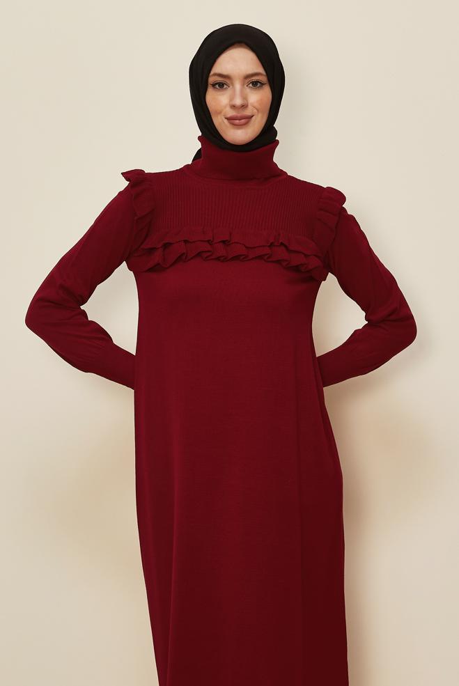 Tesettür giyim BORDO FIRFIRLI TRİKO ELBİSE 43198 - ALVİNA