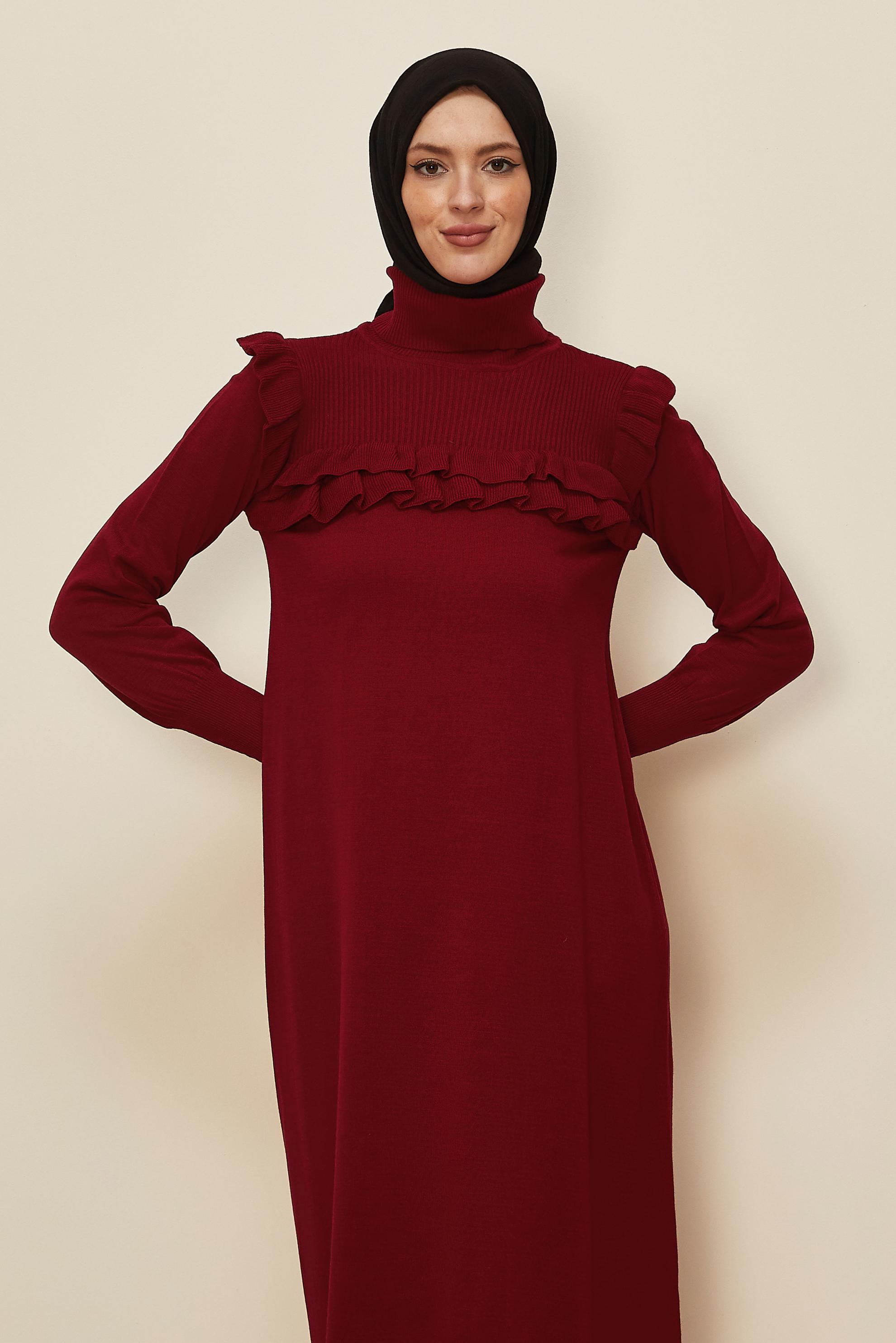 Tesettür giyim BORDO FIRFIRLI TRİKO ELBİSE 43198