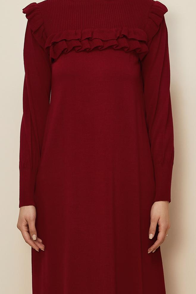 Tesettür giyim BORDO FIRFIRLI TRİKO ELBİSE 43198 - ALVİNA