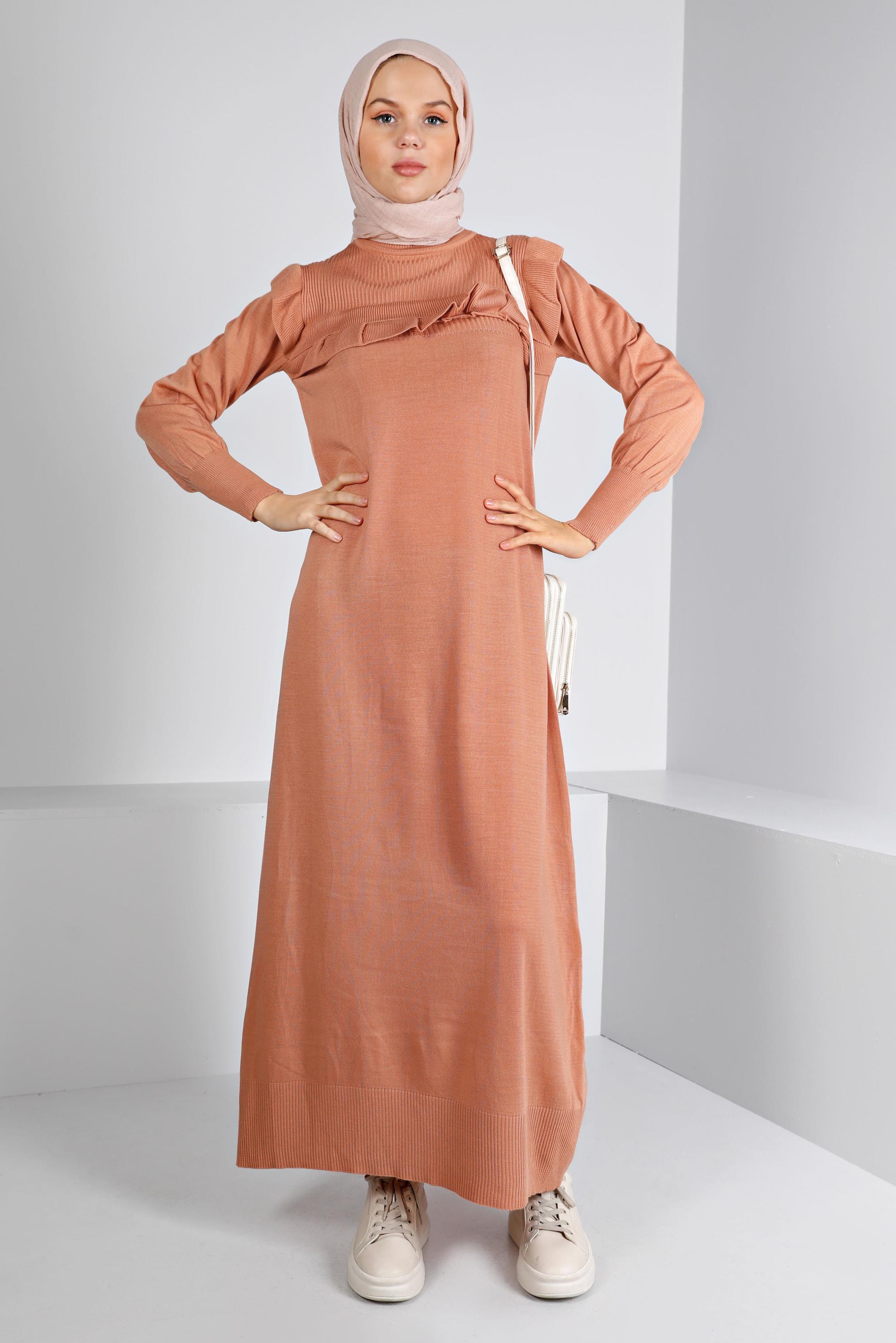 Tesettür giyim PUDRA FIRFIRLI TRİKO ELBİSE 43198