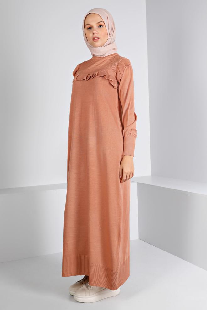 Tesettür giyim PUDRA FIRFIRLI TRİKO ELBİSE 43198 - ALVİNA
