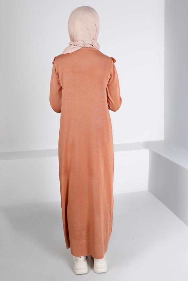 Tesettür giyim PUDRA FIRFIRLI TRİKO ELBİSE 43198 - ALVİNA