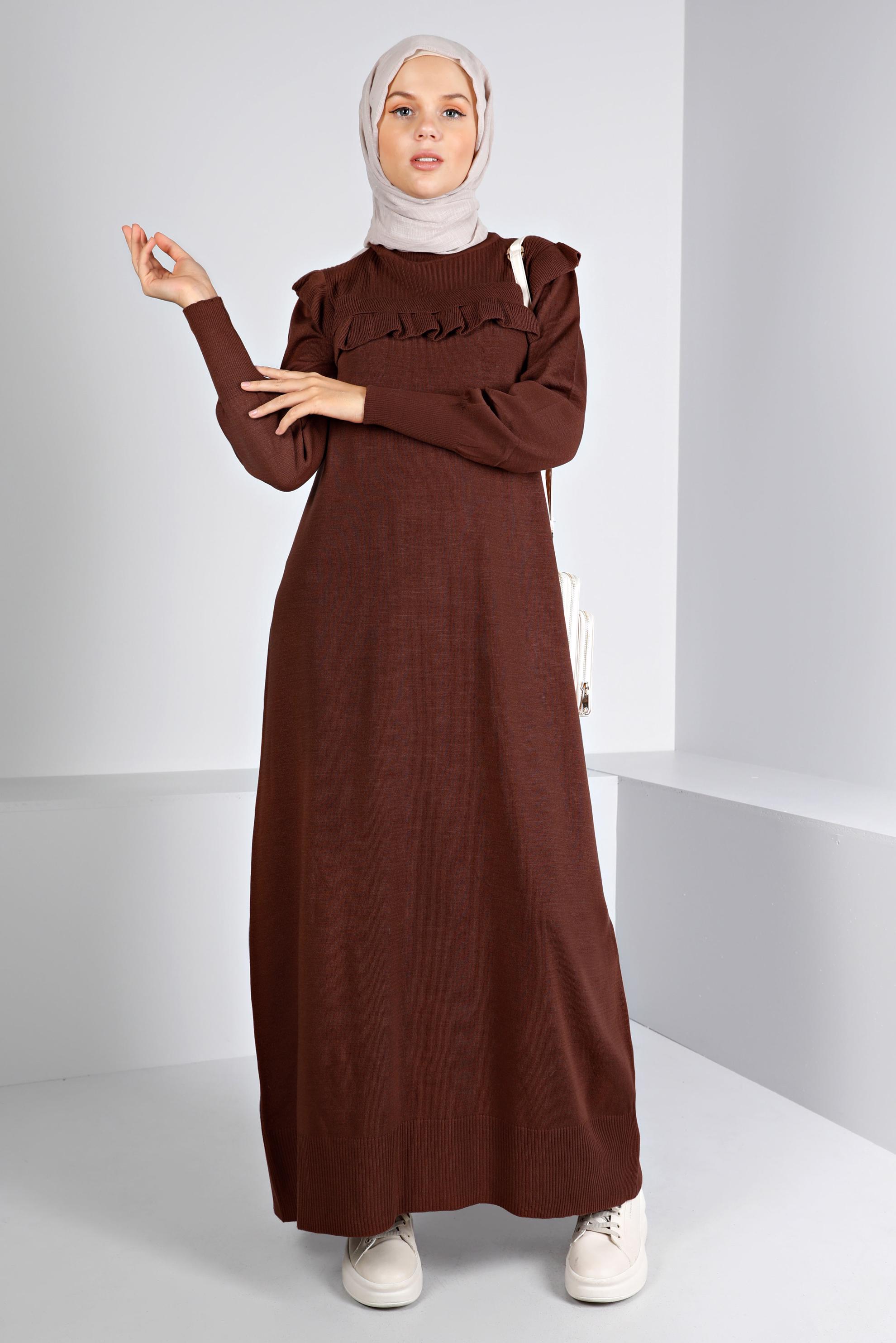 Tesettür giyim KAHVE FIRFIRLI TRİKO ELBİSE 43198