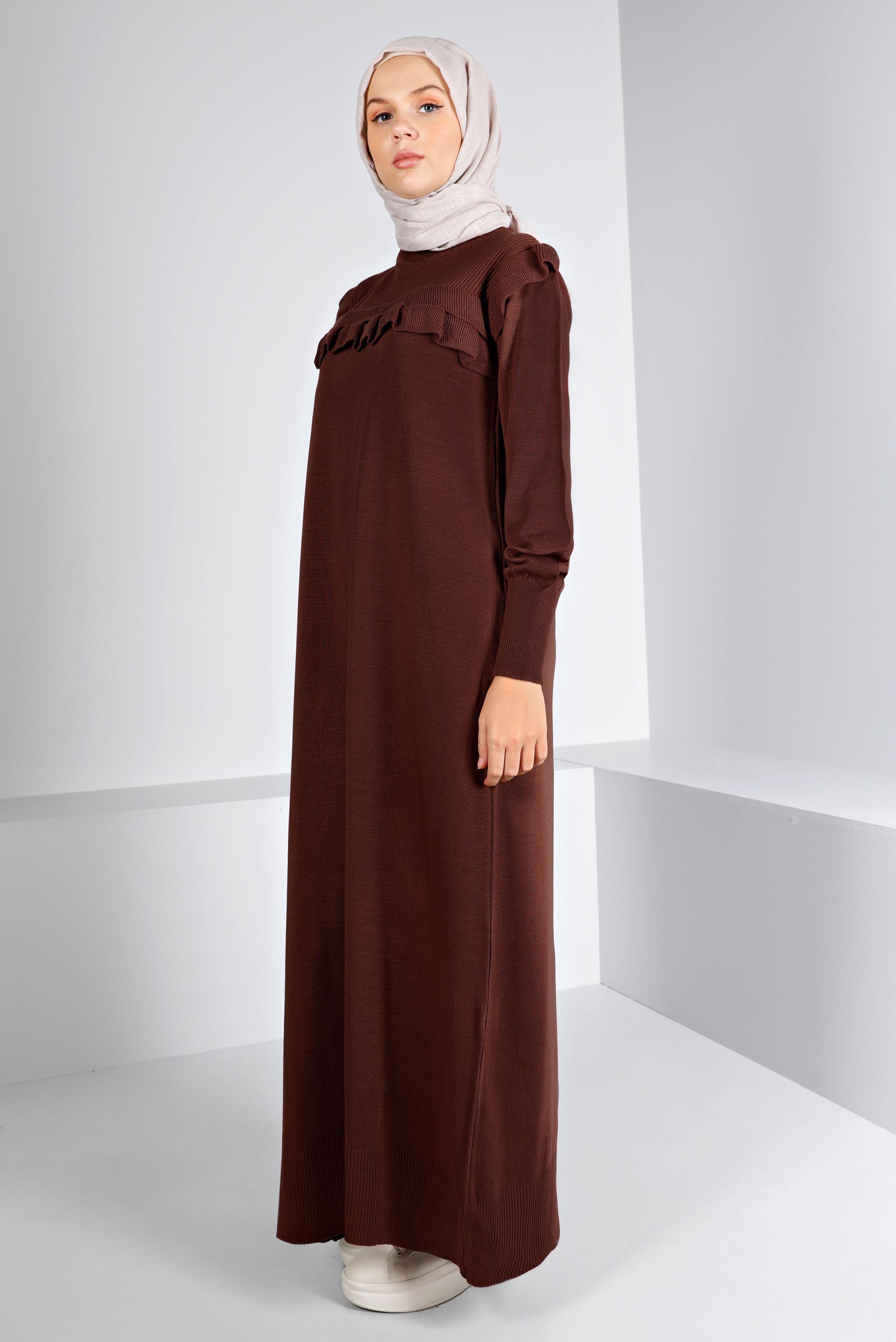 Tesettür giyim KAHVE FIRFIRLI TRİKO ELBİSE 43198