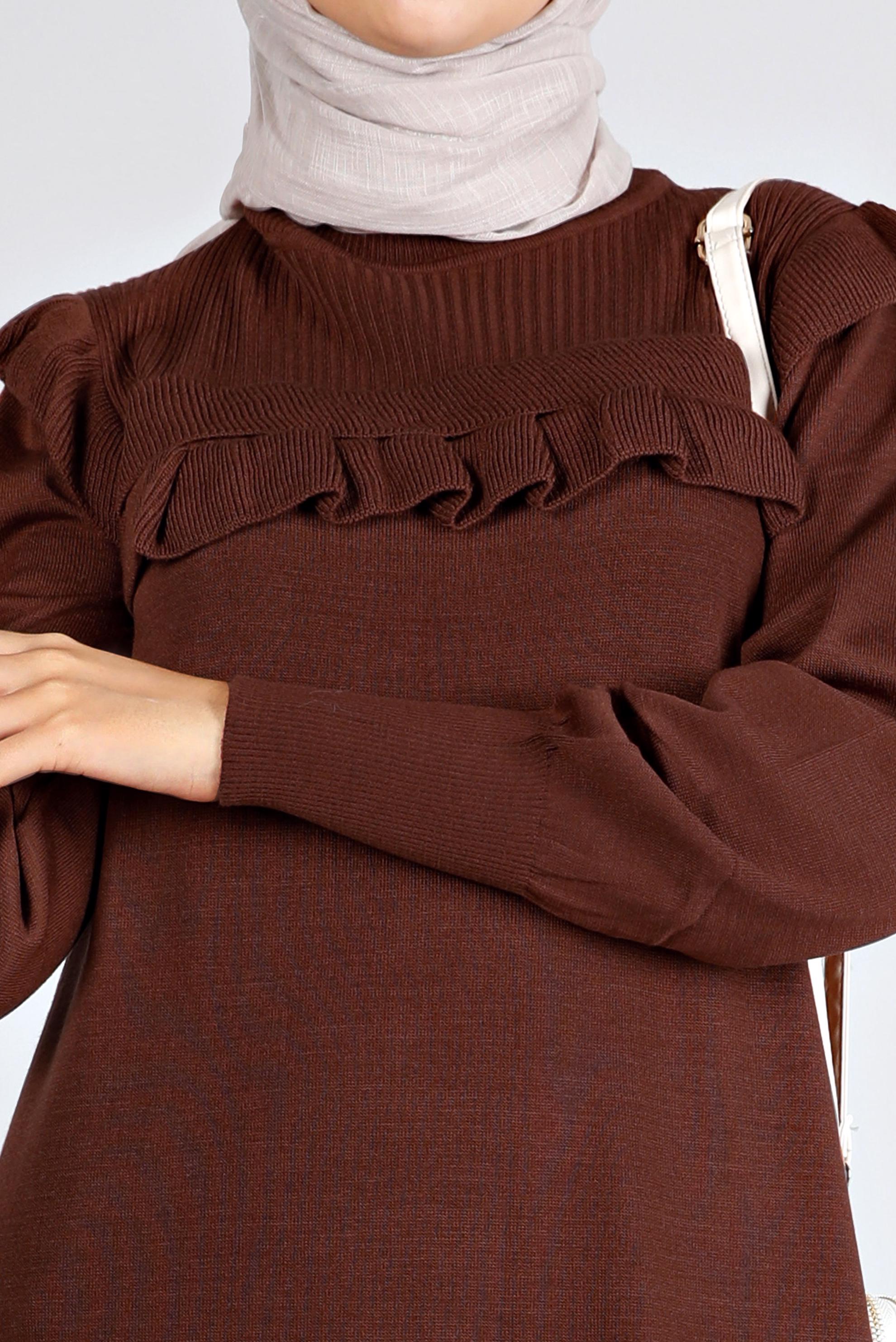 Tesettür giyim KAHVE FIRFIRLI TRİKO ELBİSE 43198