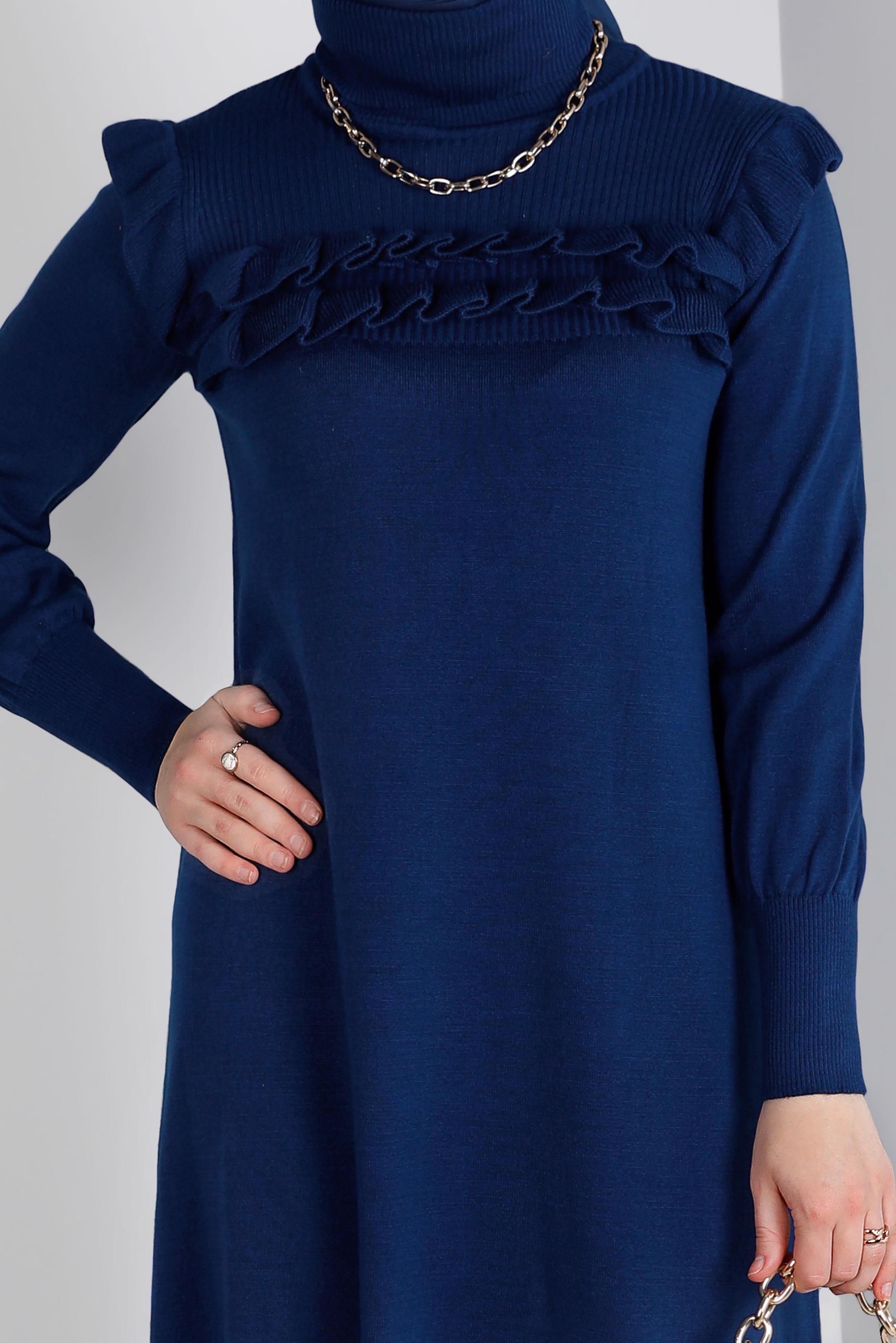 Tesettür giyim MAVİ FIRFIRLI TRİKO ELBİSE 43198