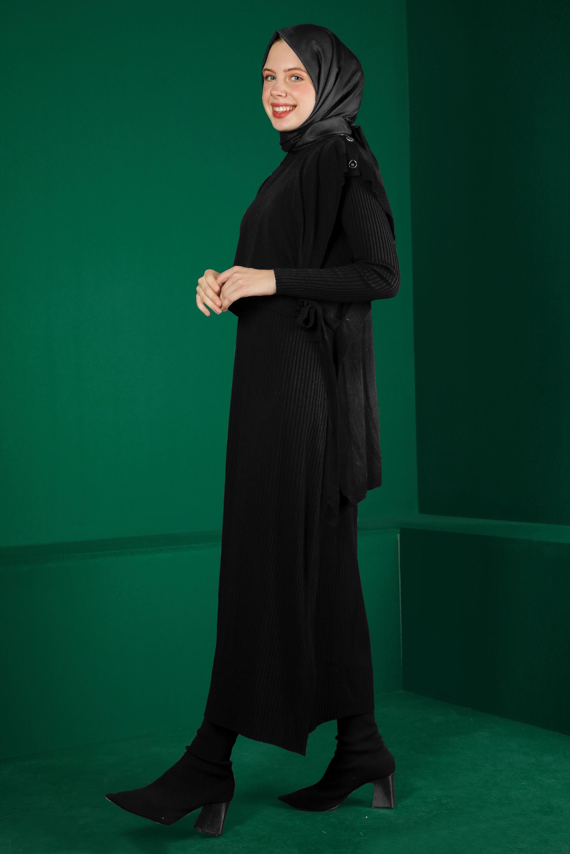 Tesettür giyim SİYAH BAĞLAMA DETAYLI PİLELİ TRİKO İKİLİ ELBİSE 43199