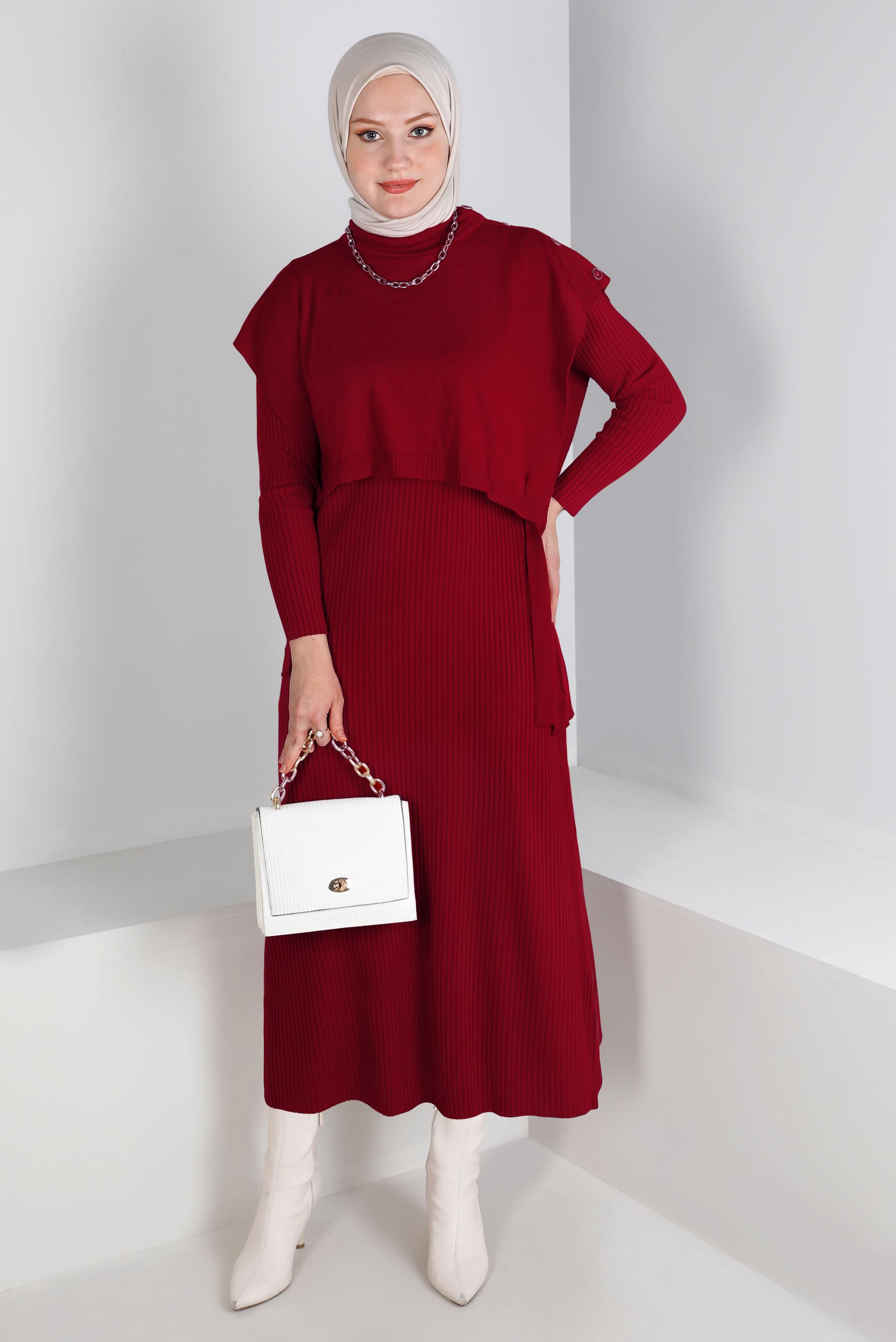 Tesettür giyim BORDO BAĞLAMA DETAYLI PİLELİ TRİKO İKİLİ ELBİSE 43199