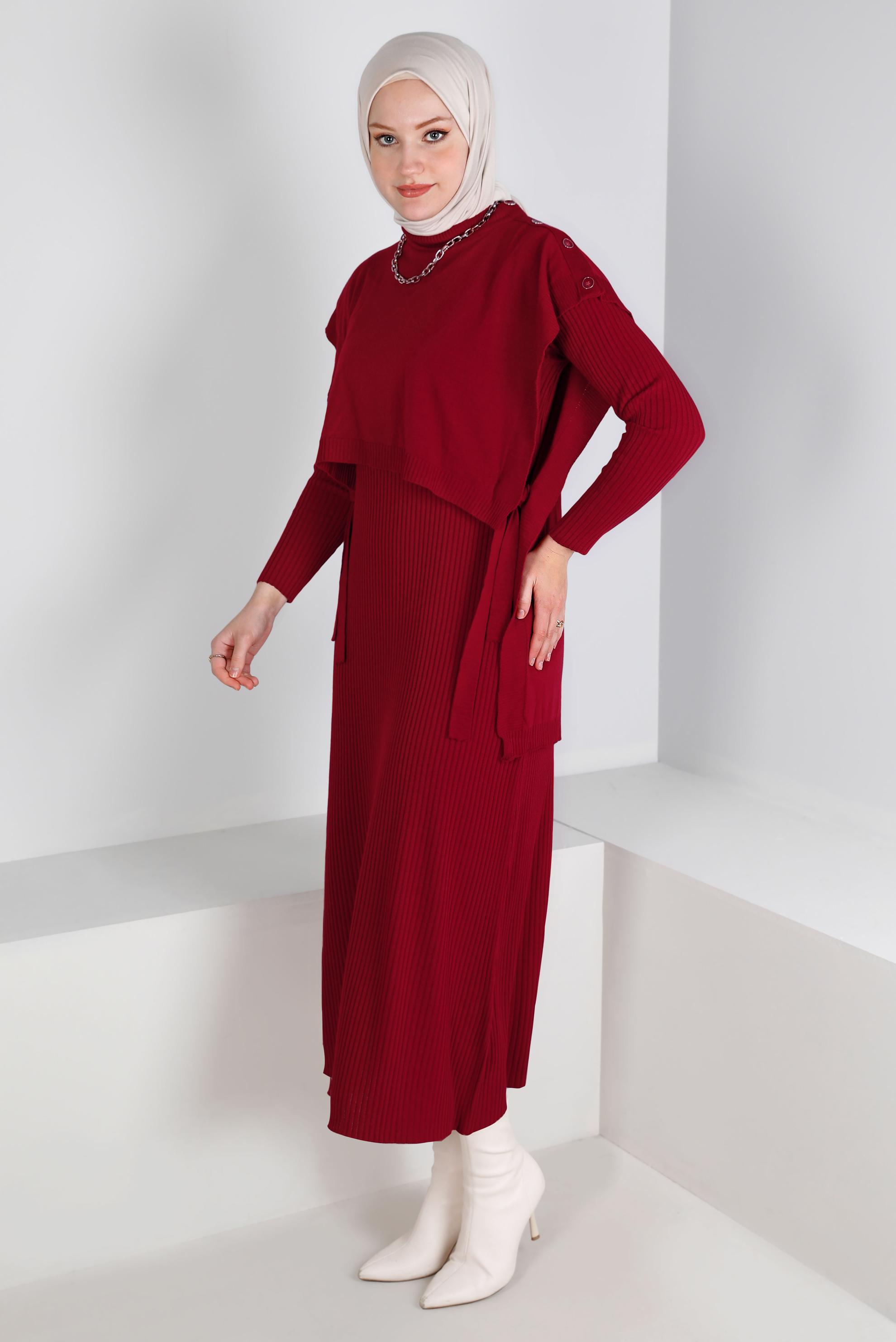 Tesettür giyim BORDO BAĞLAMA DETAYLI PİLELİ TRİKO İKİLİ ELBİSE 43199