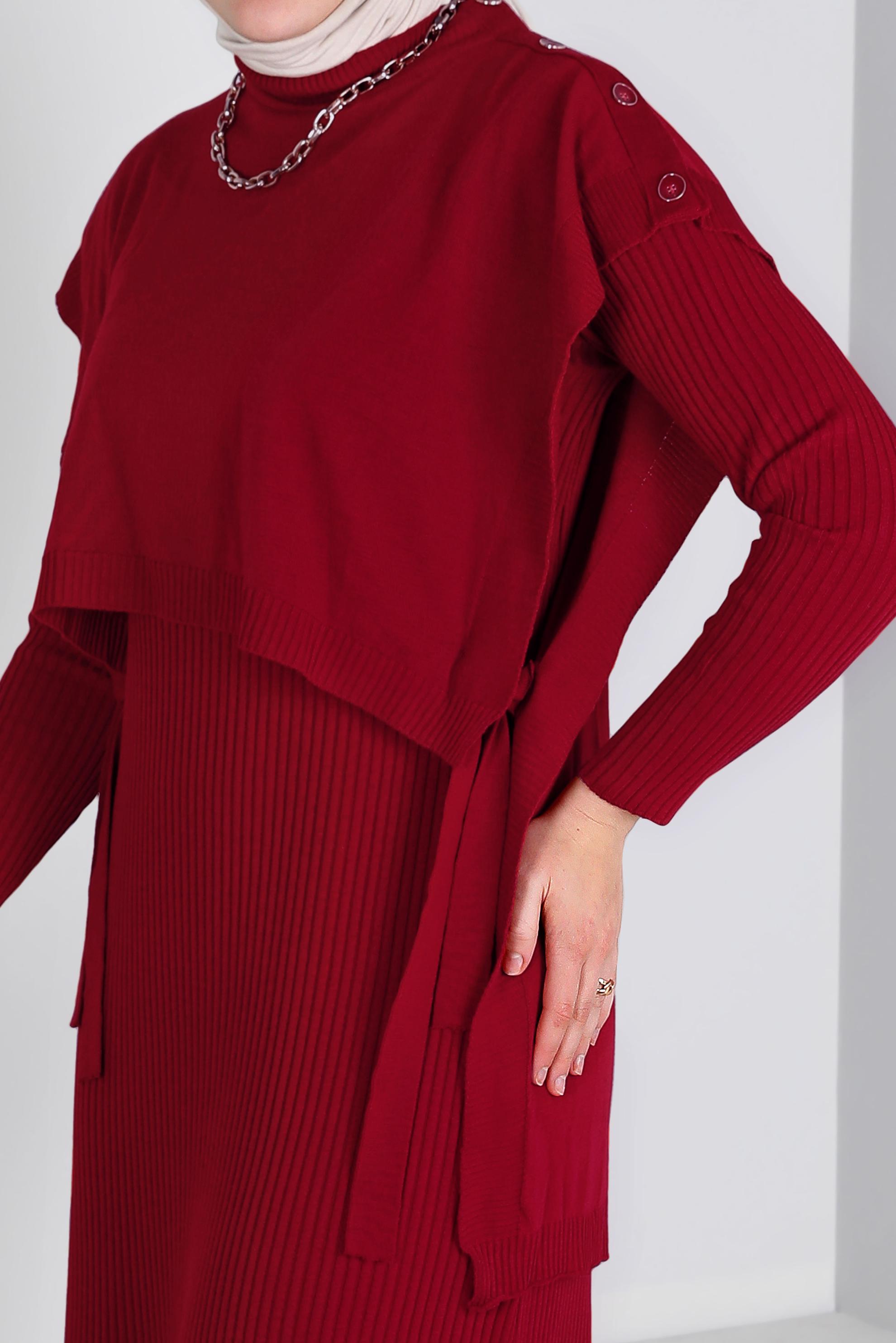 Tesettür giyim BORDO BAĞLAMA DETAYLI PİLELİ TRİKO İKİLİ ELBİSE 43199