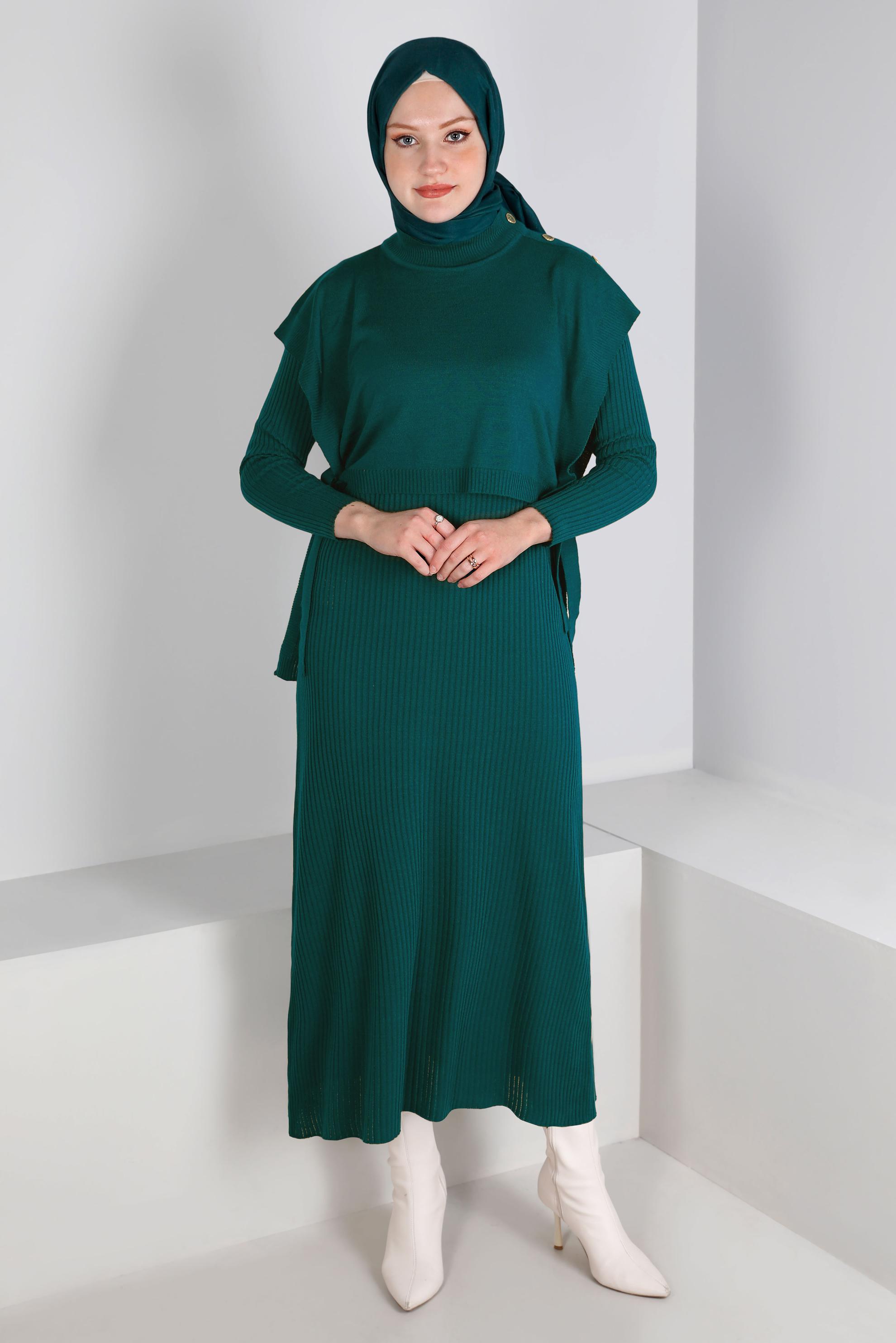 Tesettür giyim YEŞİL BAĞLAMA DETAYLI PİLELİ TRİKO İKİLİ ELBİSE 43199