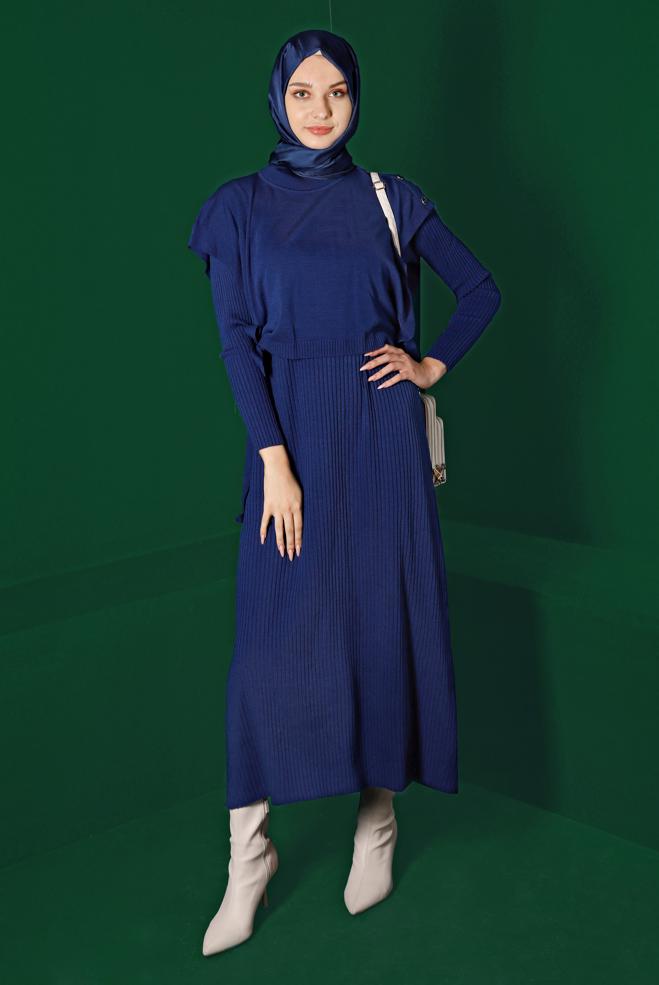 Hijab clothing BLUE TIE DETAIL PLEATED 2-PIECE KNITWEAR DRESS 43199 - ALVİNA