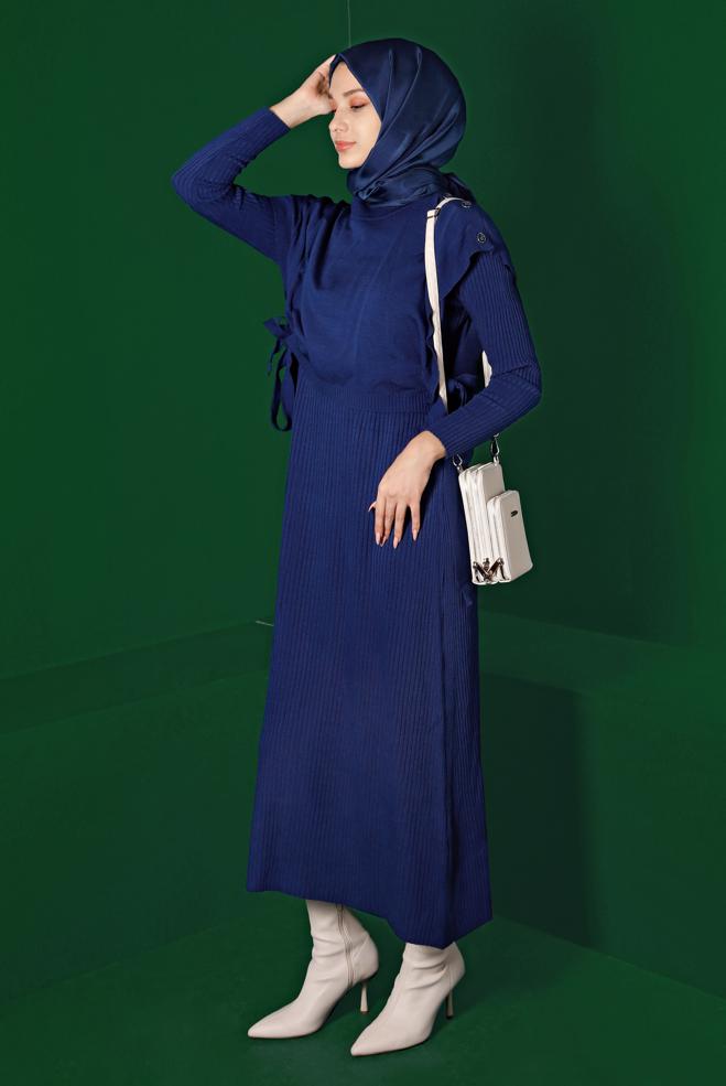 Hijab clothing BLUE TIE DETAIL PLEATED 2-PIECE KNITWEAR DRESS 43199 - ALVİNA