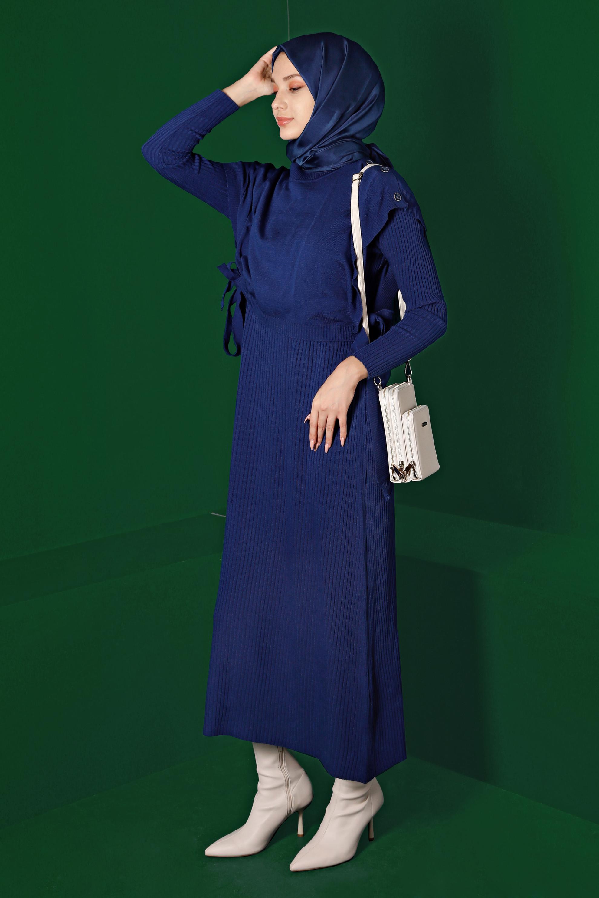 Vêtements hijab BLEU ROBE 2 PIÈCES EN MAILLE PLISSÉE DÉTAIL NOUÉ 43199
