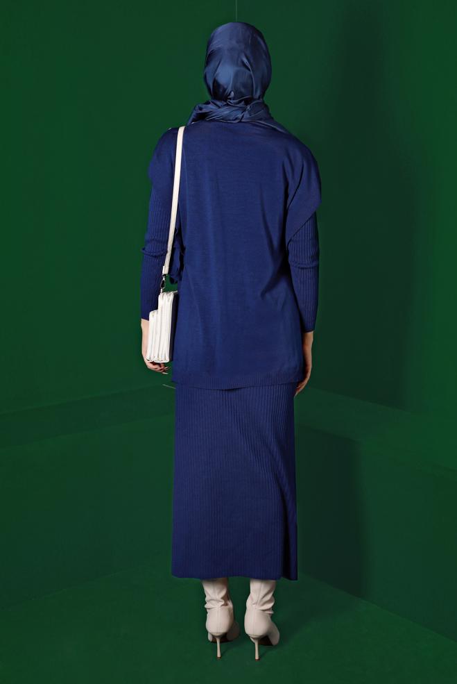 Hijab clothing BLUE TIE DETAIL PLEATED 2-PIECE KNITWEAR DRESS 43199 - ALVİNA