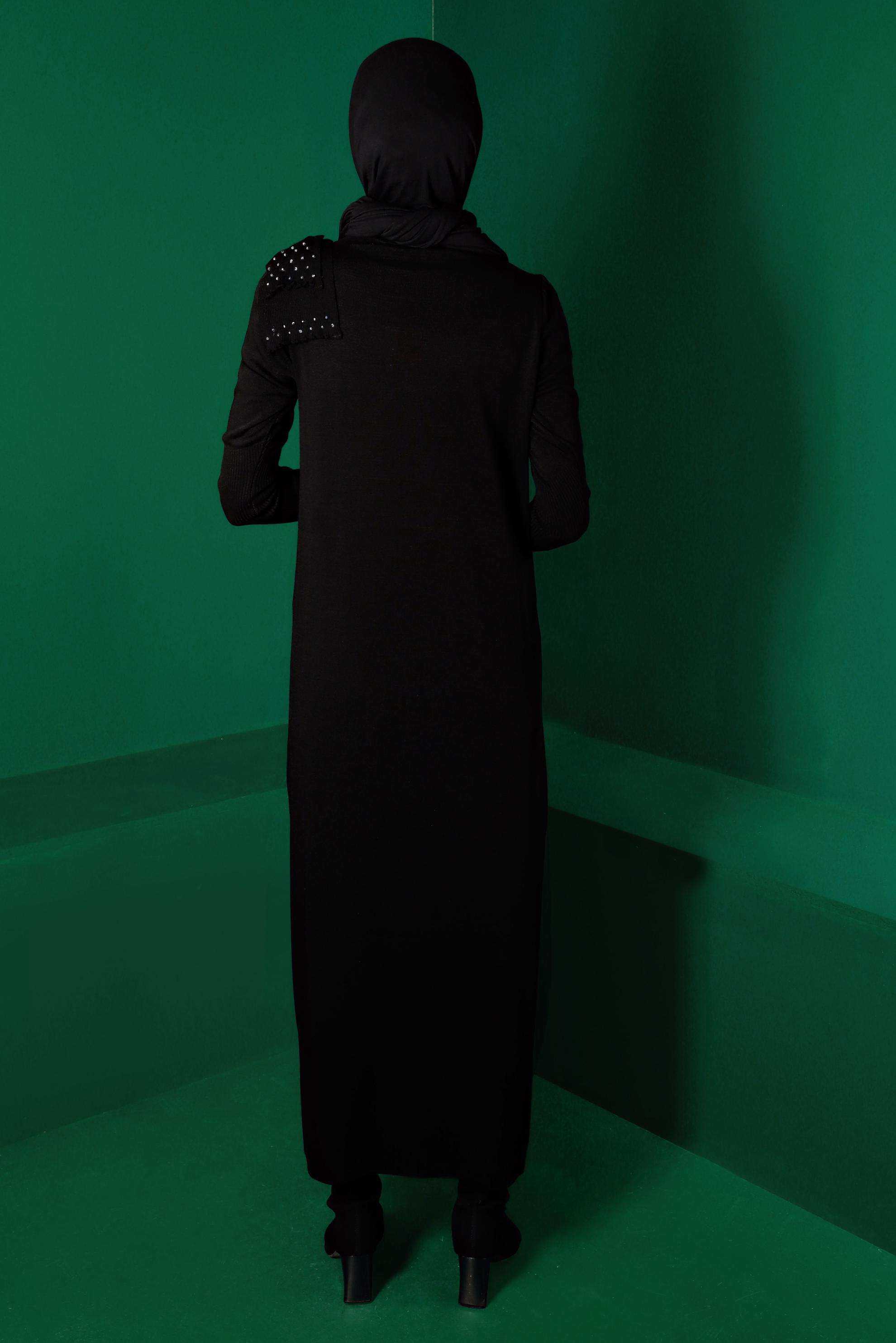 Tesettür giyim SİYAH FİYONK DETAYLI TRİKO ELBİSE 43200 