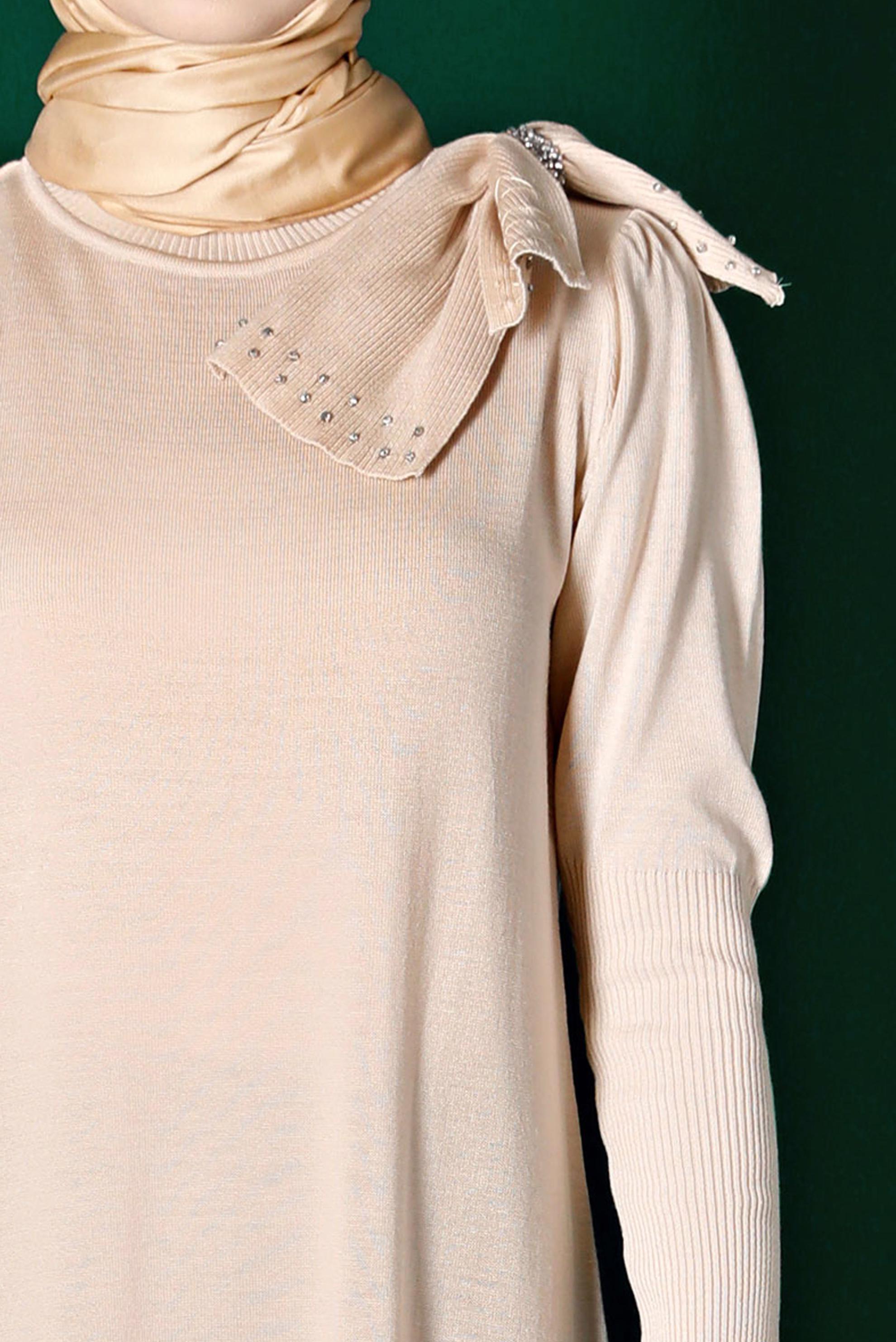 Tesettür giyim BEJ FİYONK DETAYLI TRİKO ELBİSE 43200 