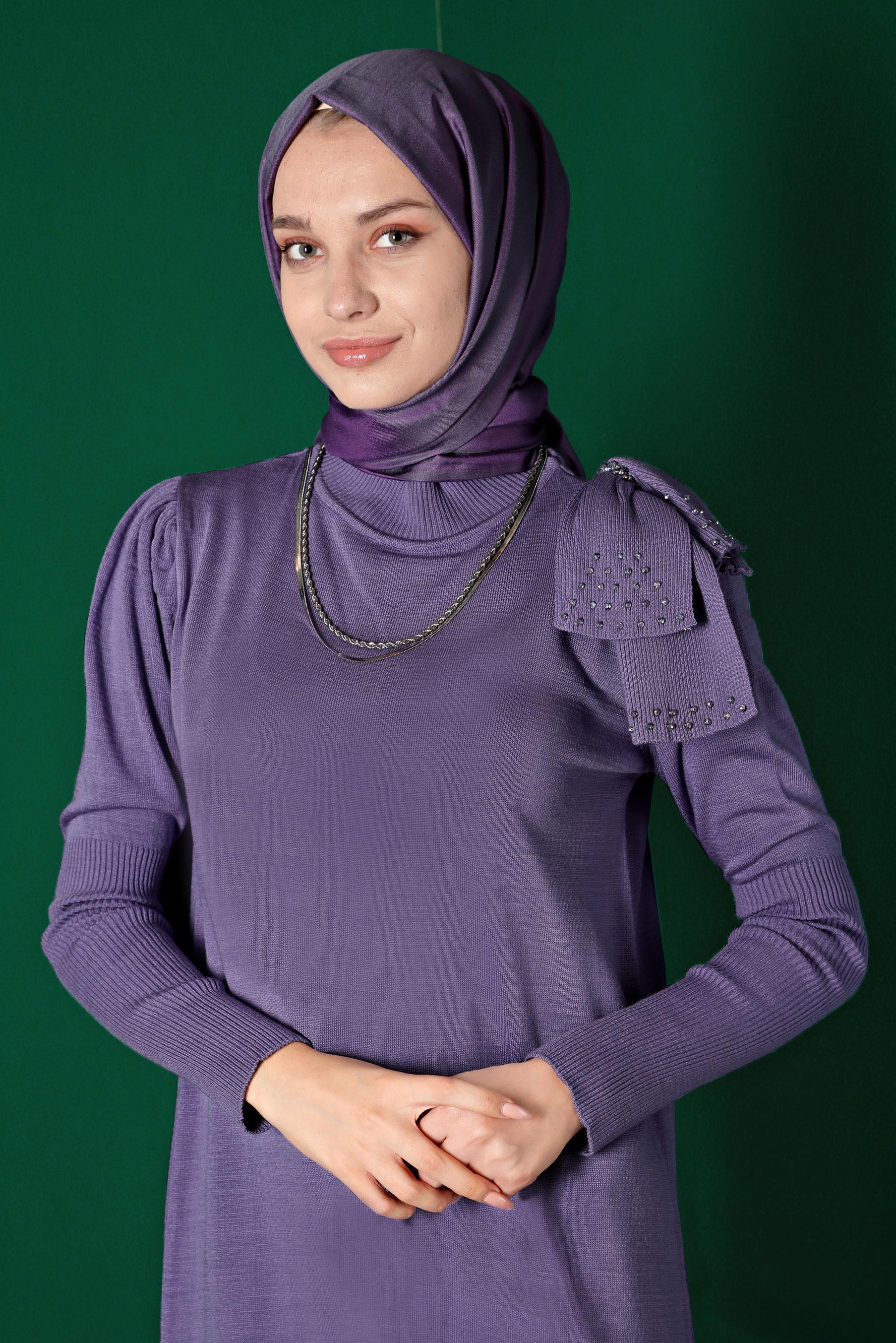 Tesettür giyim MOR FİYONK DETAYLI TRİKO ELBİSE 43200 