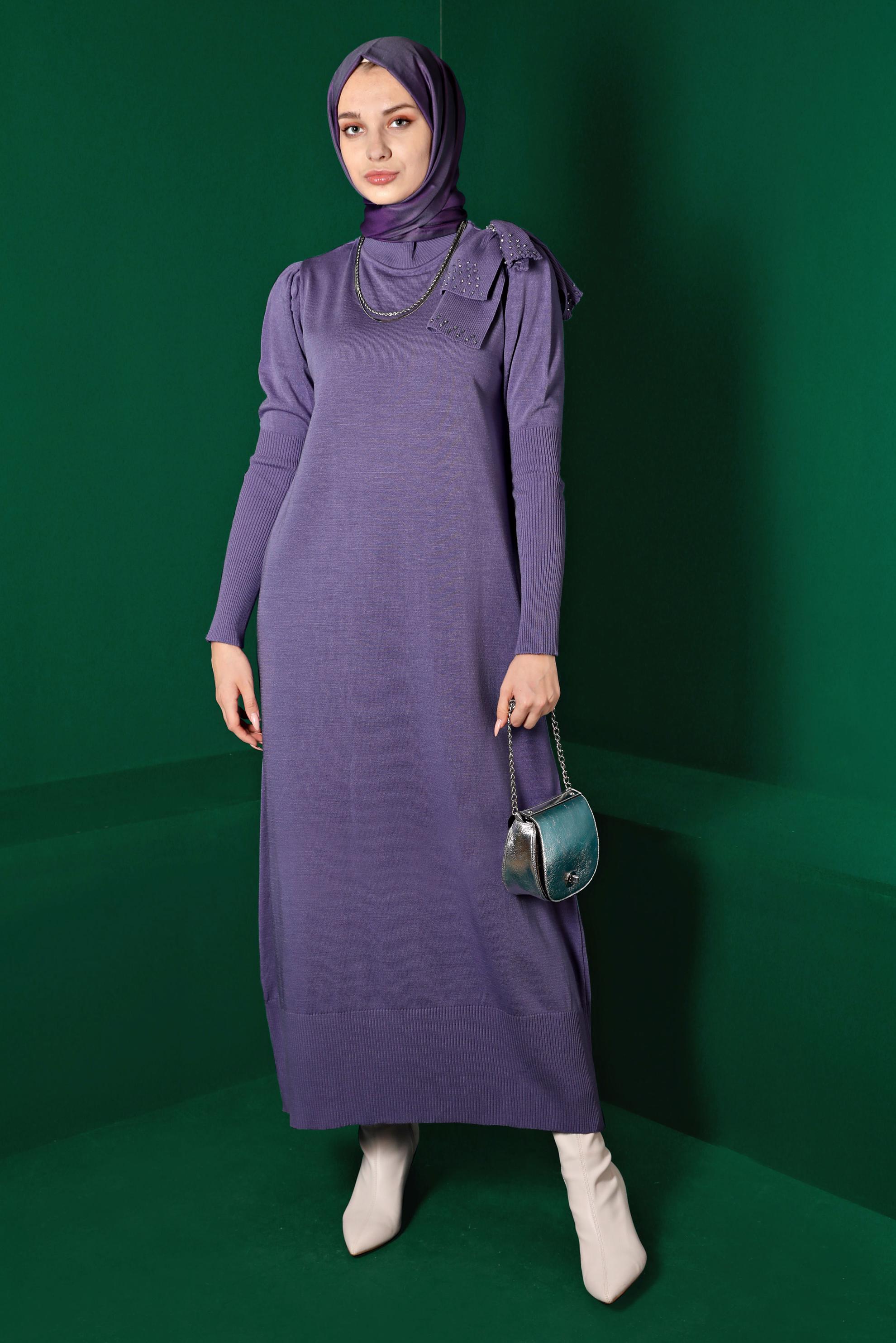 Tesettür giyim MOR FİYONK DETAYLI TRİKO ELBİSE 43200 