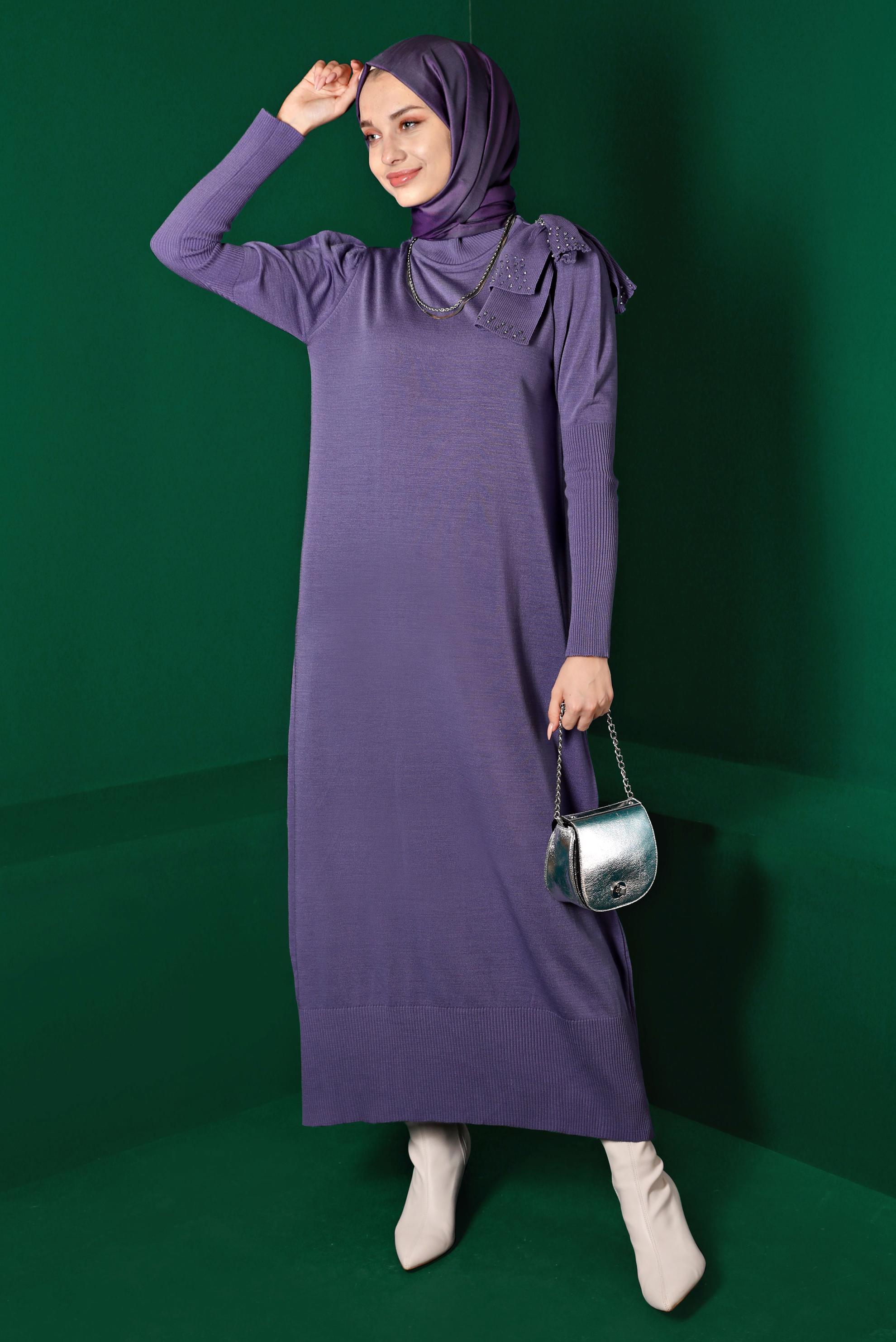 Tesettür giyim MOR FİYONK DETAYLI TRİKO ELBİSE 43200 