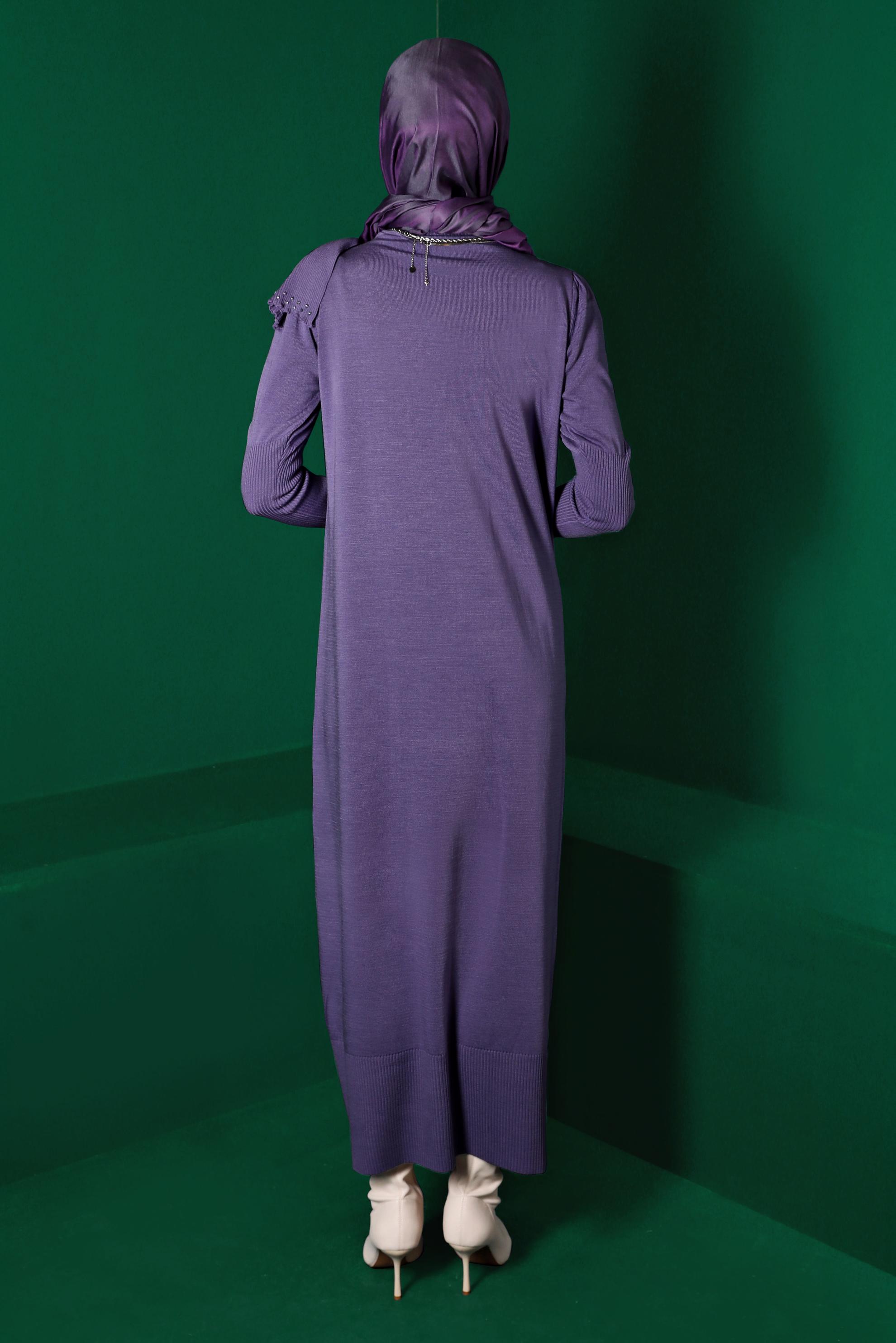 Tesettür giyim MOR FİYONK DETAYLI TRİKO ELBİSE 43200 