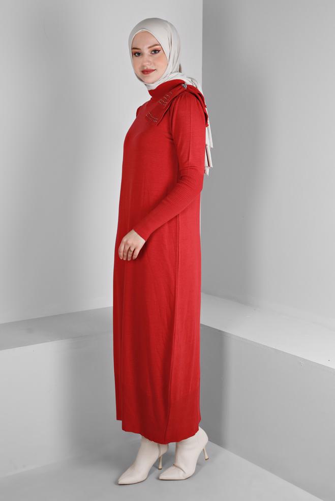 Tesettür giyim MERCAN FİYONK DETAYLI TRİKO ELBİSE 43200  - ALVİNA