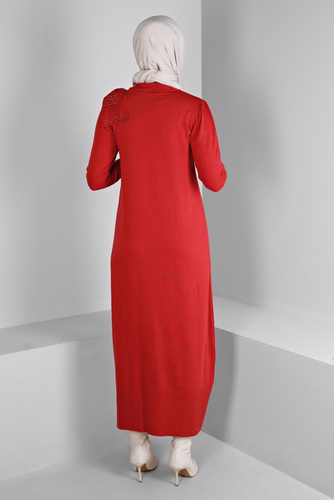 Tesettür giyim MERCAN FİYONK DETAYLI TRİKO ELBİSE 43200  - ALVİNA